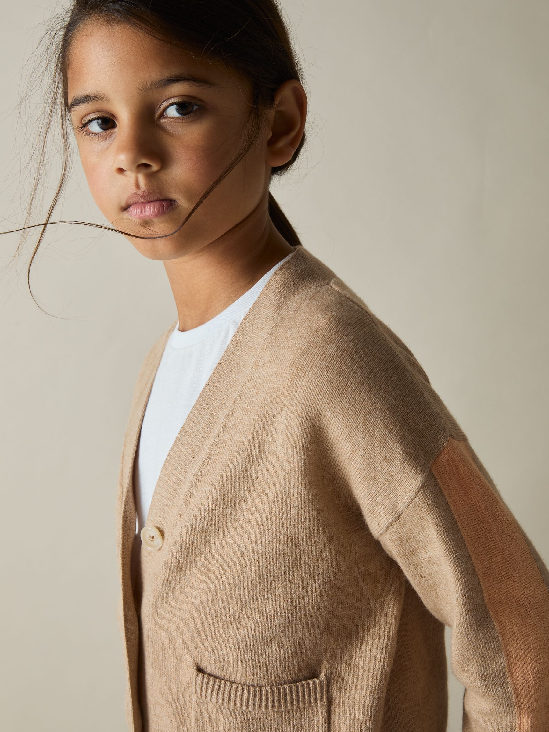 13-14 yrs Wool-Blend Tipped Cardigan in Camel