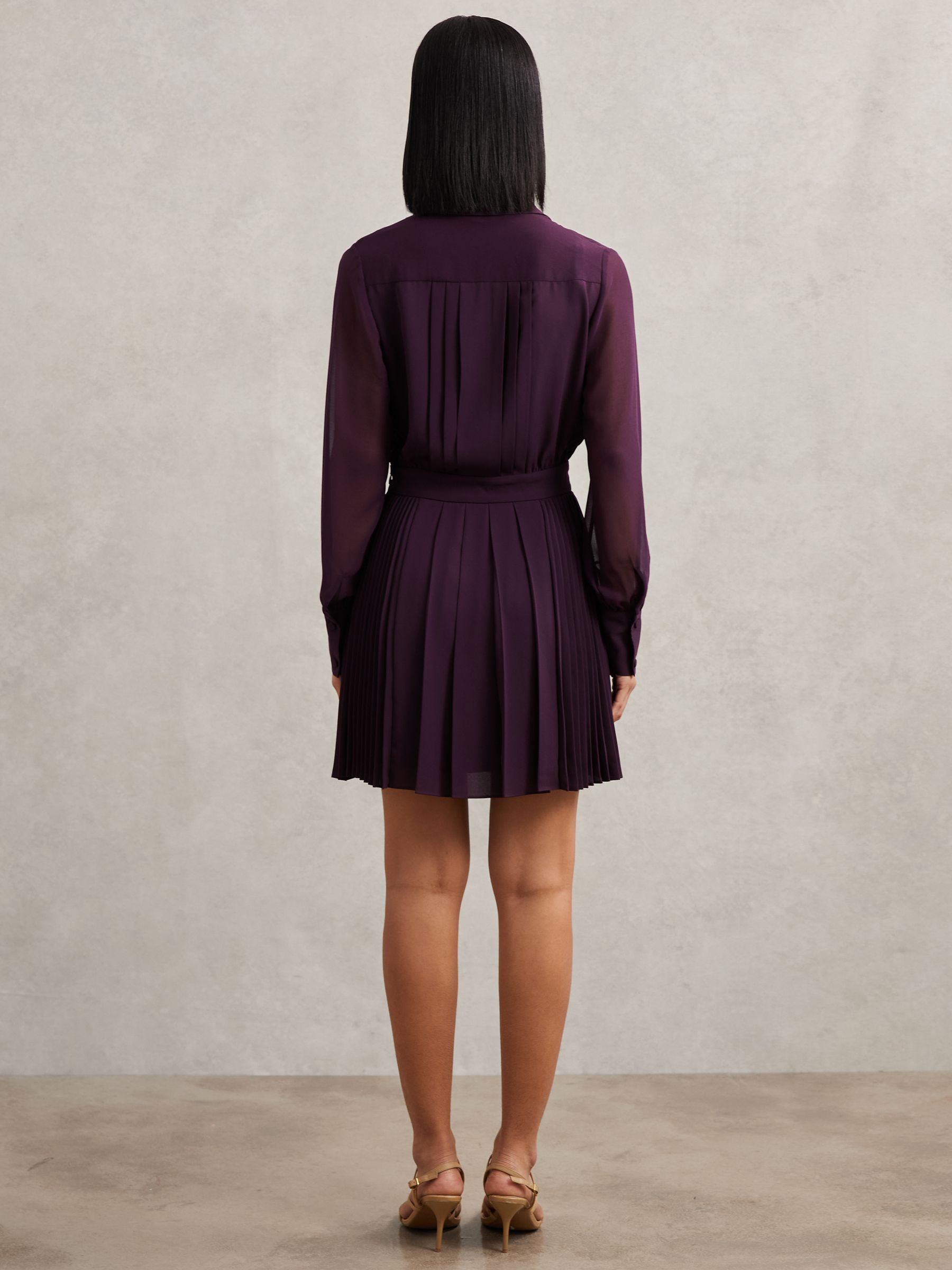 Pleated Sheer-Sleeve Mini Dress in Burgundy