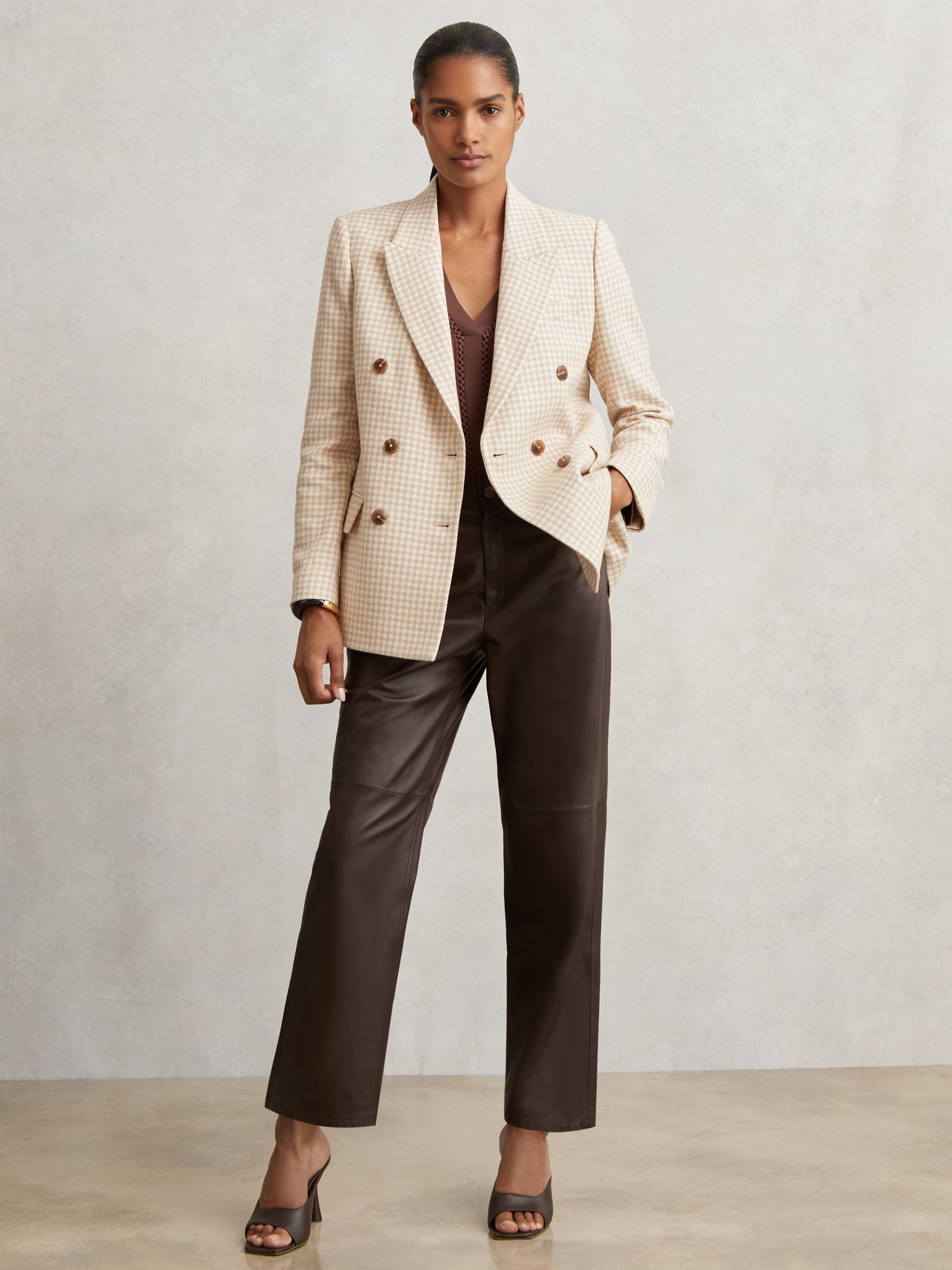 Double Breasted Check Blazer With Wool in Neutral Check