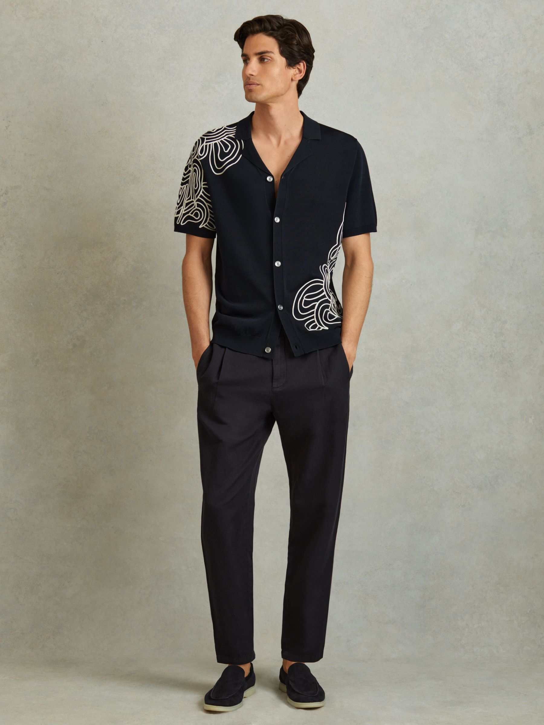 Jersey Embroidered Cuban Collar Shirt in Navy