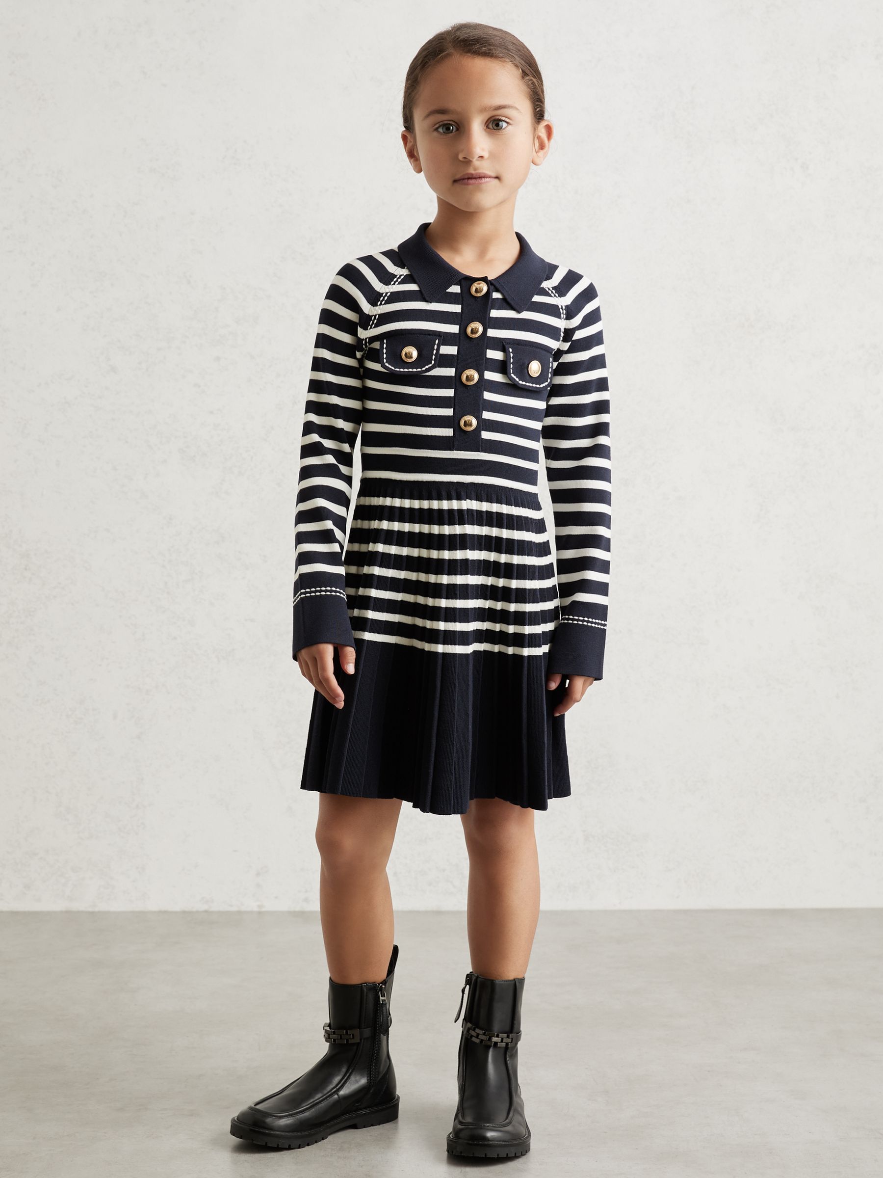 9-13 yrs Button-Detail Stripe Knitted Dress in Navy/White