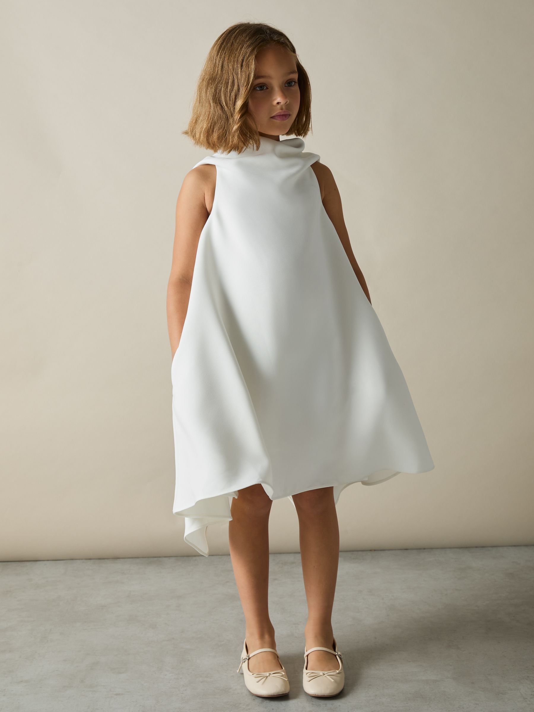 13-14 yrs High-Neck Drape Back Dress in Ivory