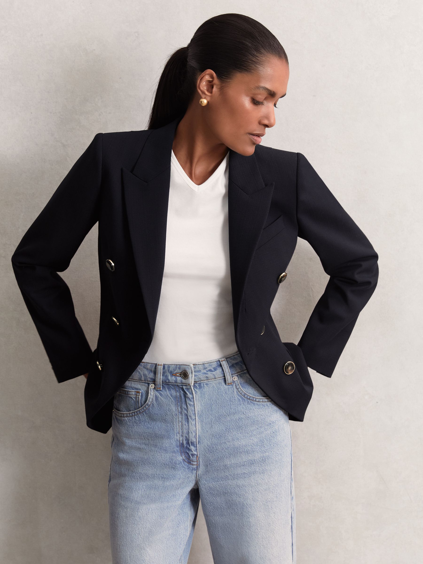 Wool-Blend Double-Breasted Blazer in Navy