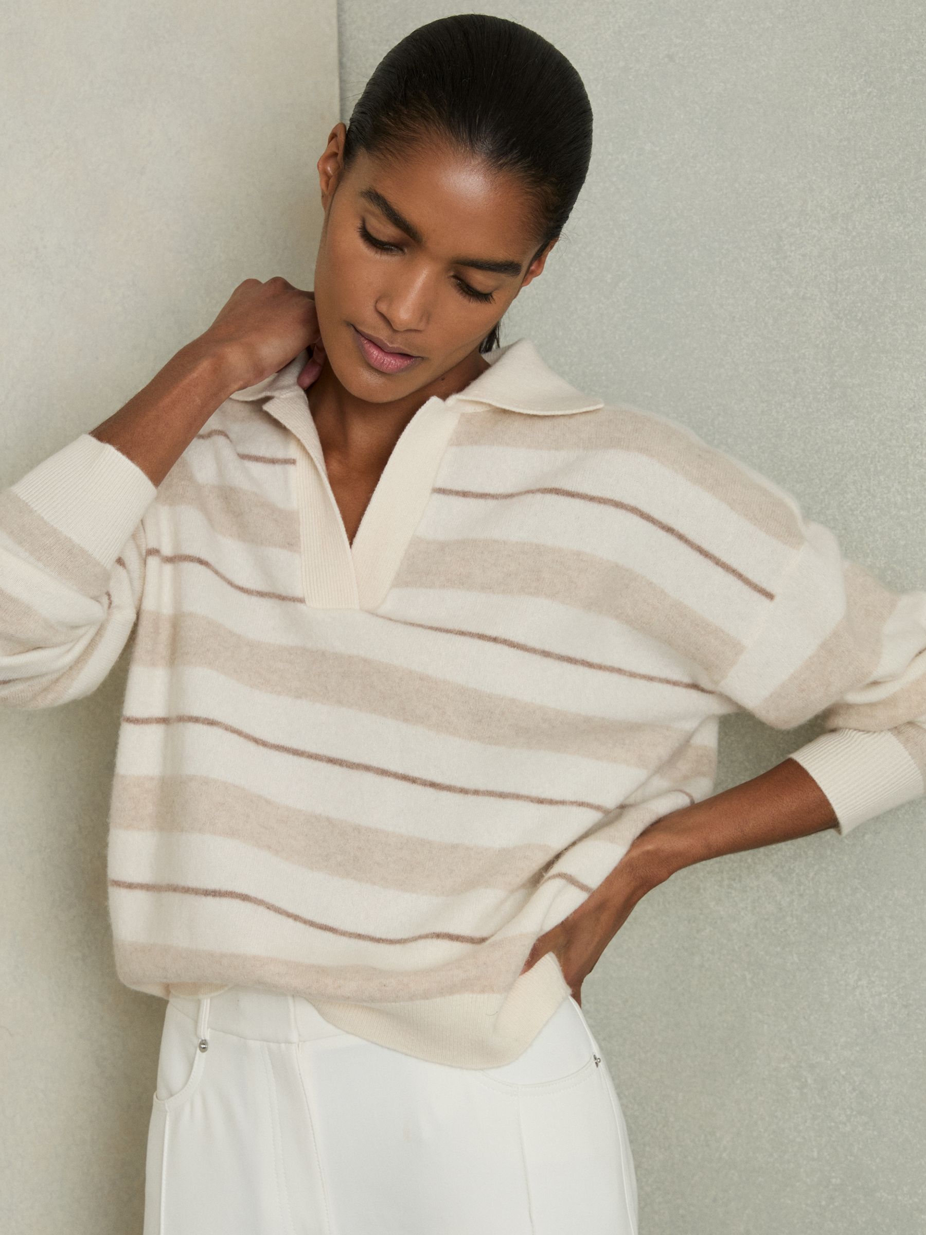 Wool-Cashmere Stripe Open-Collar Jumper in Neutral