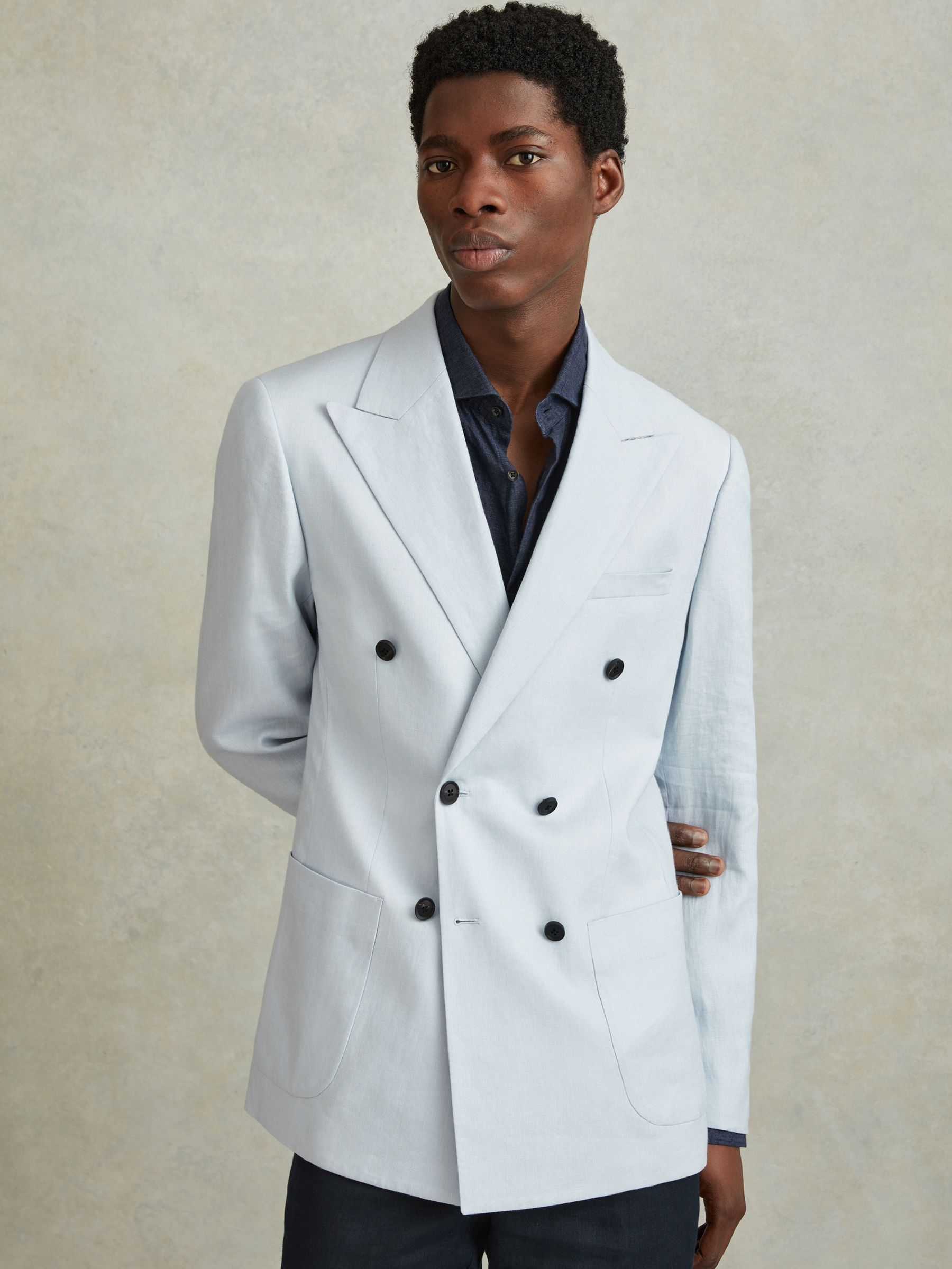 Double Breasted 100% Linen Slim Fit Blazer in Soft Blue