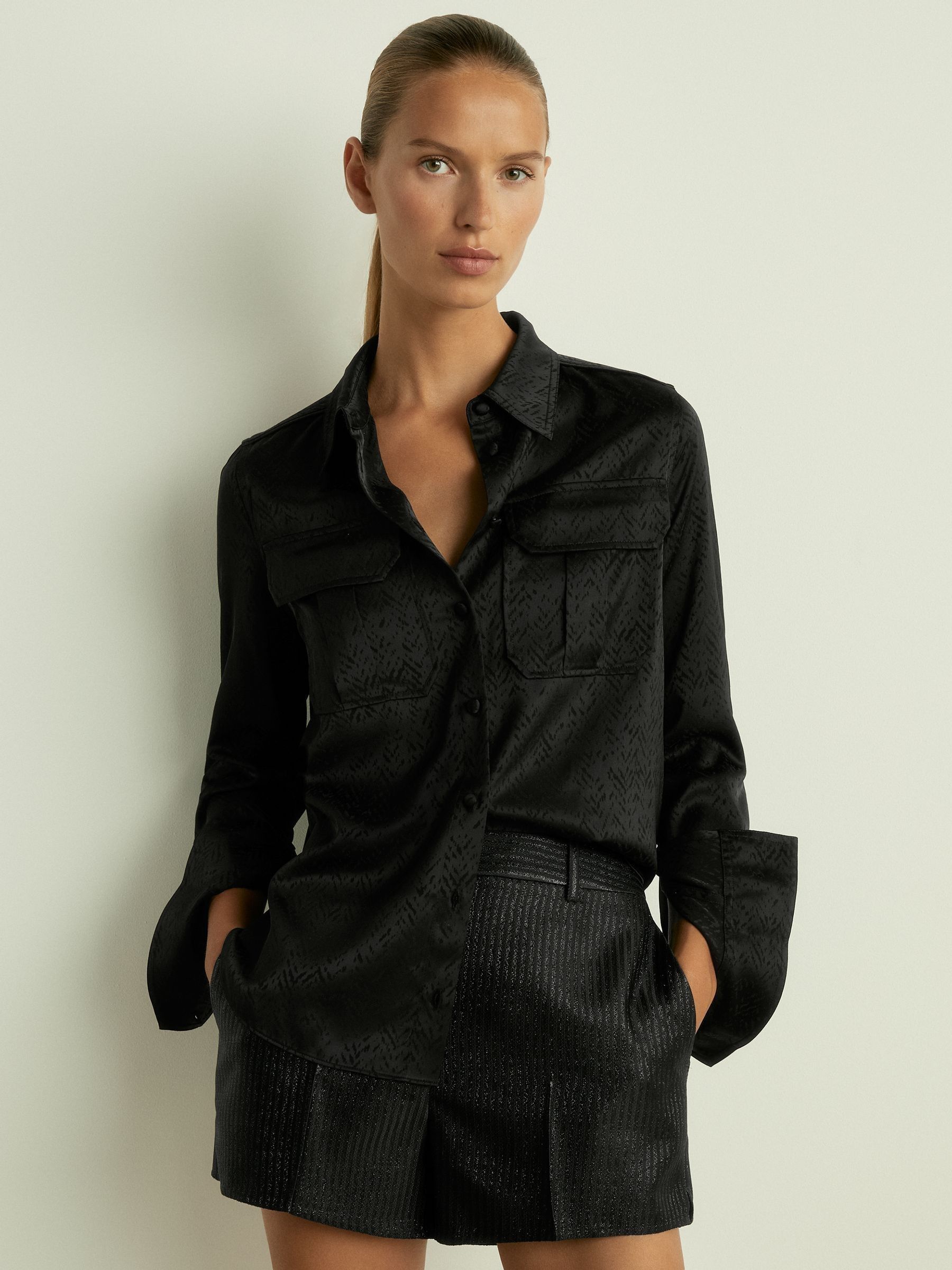 Herringbone-Jacquard Satin Shirt in Black