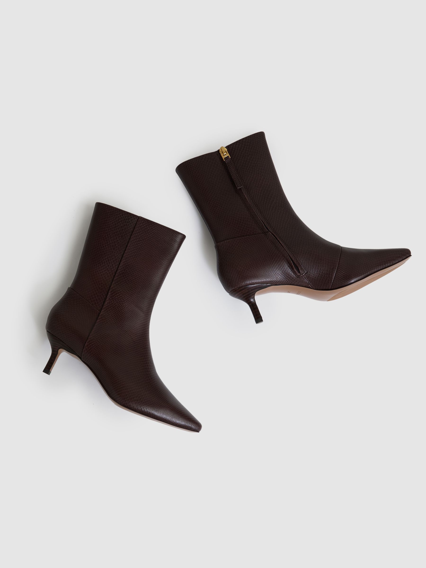 Leather Kitten-Heel Ankle Boots in Chocolate