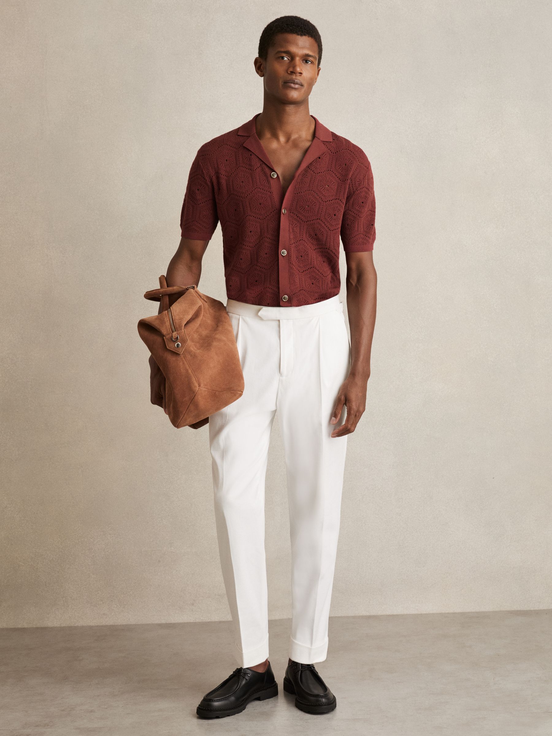 Pointelle Button-Through Shirt in Brick Red