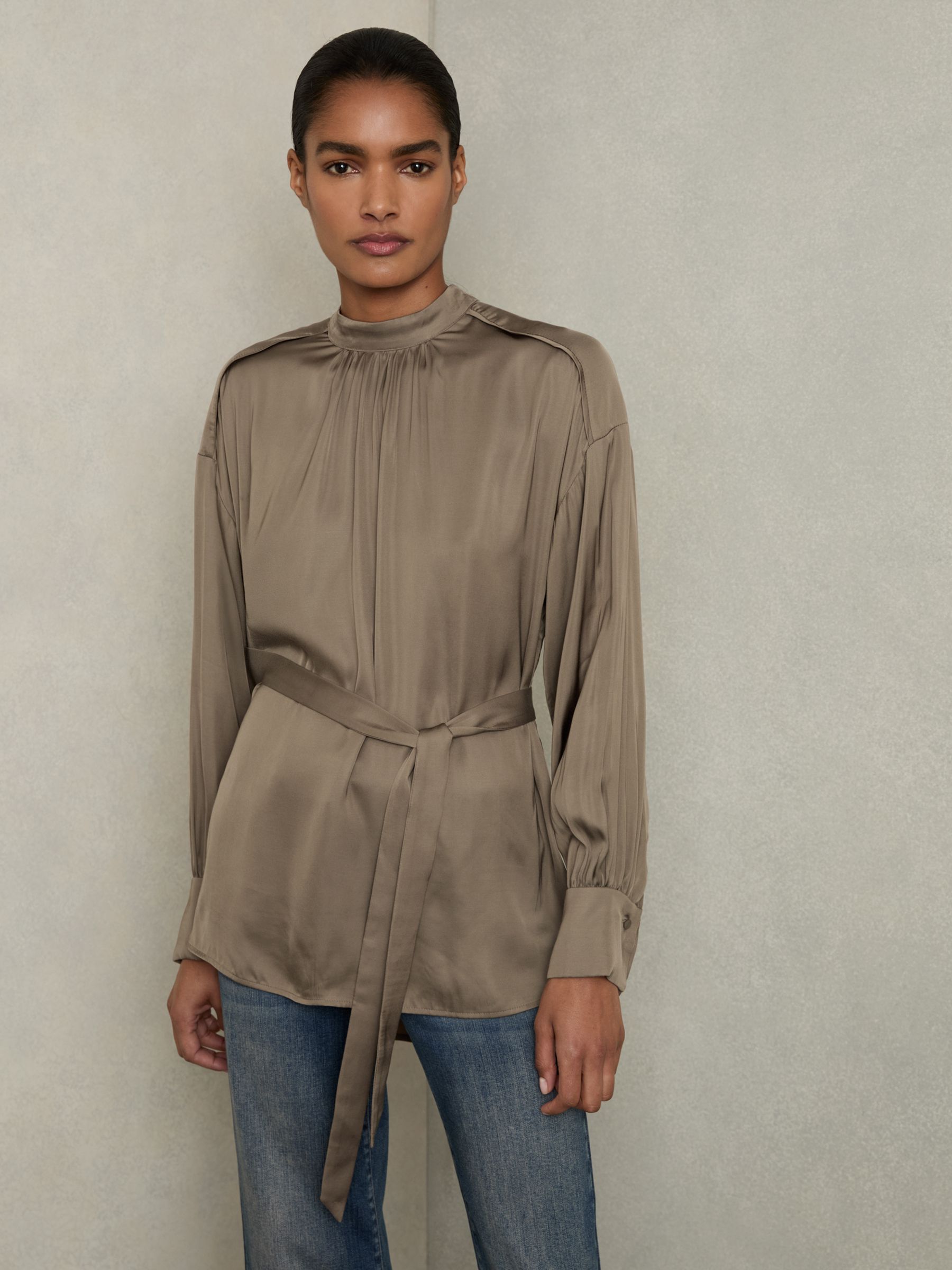 Woven High-Neck Belted Blouse in Mink