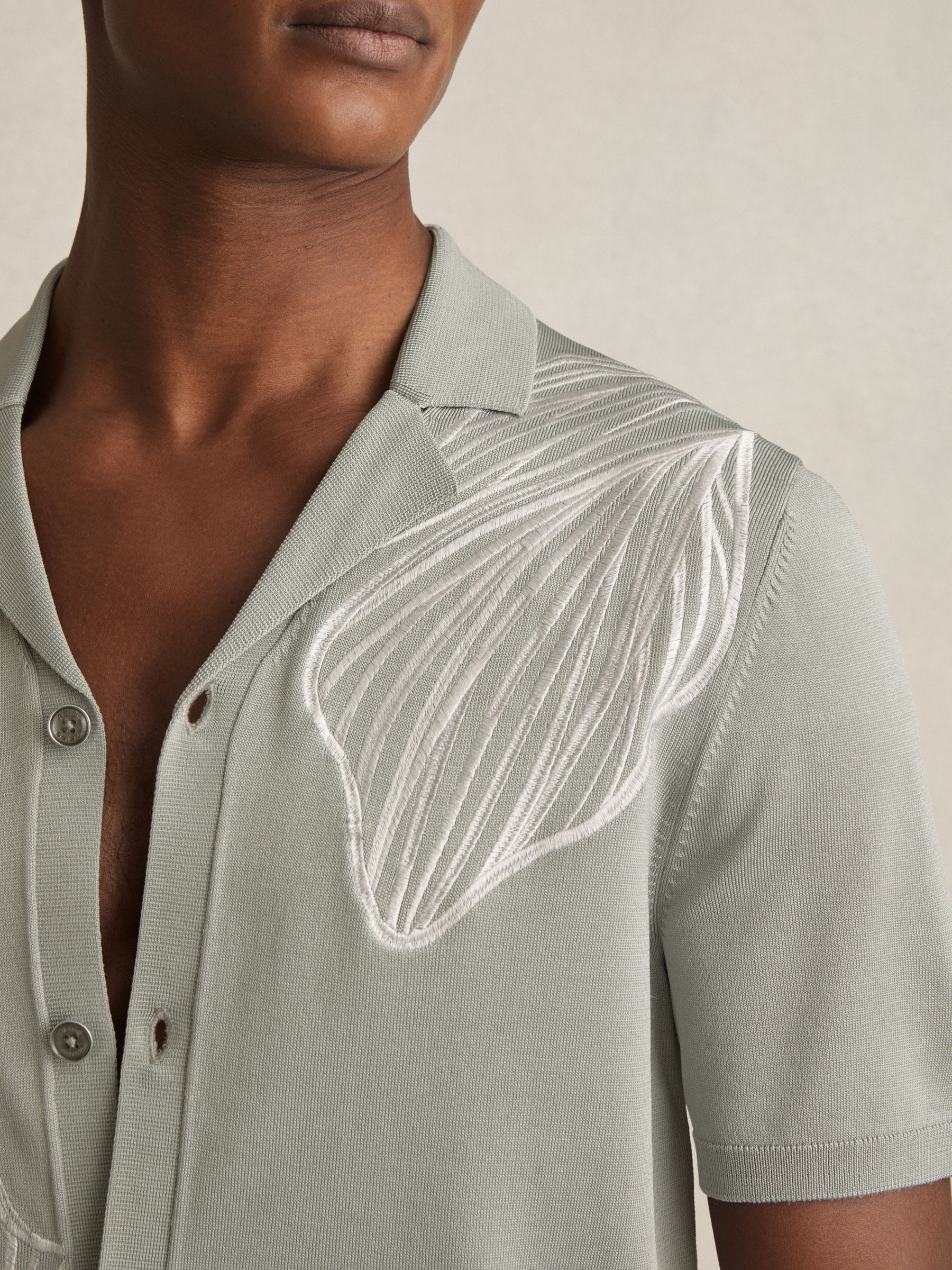 Flower Embroidered Knit Shirt in Soft Sage