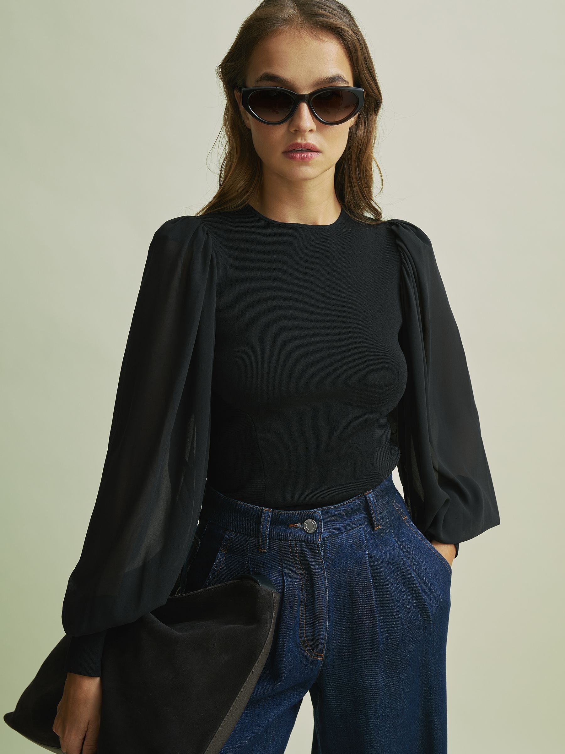 Florere Hybrid Knit Sheer Sleeve Black Top in Black