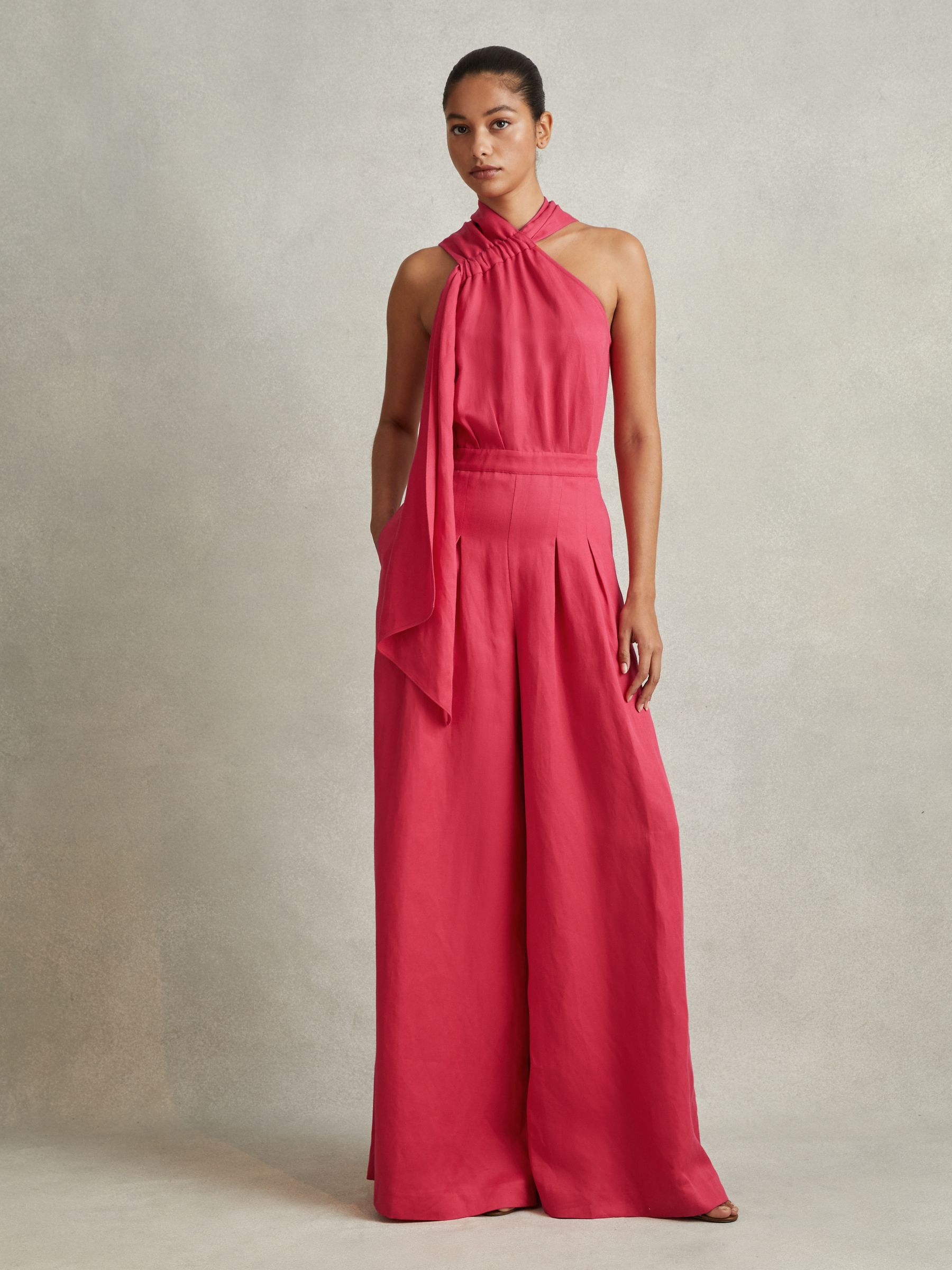 Linen Blend Drape Jumpsuit in Coral