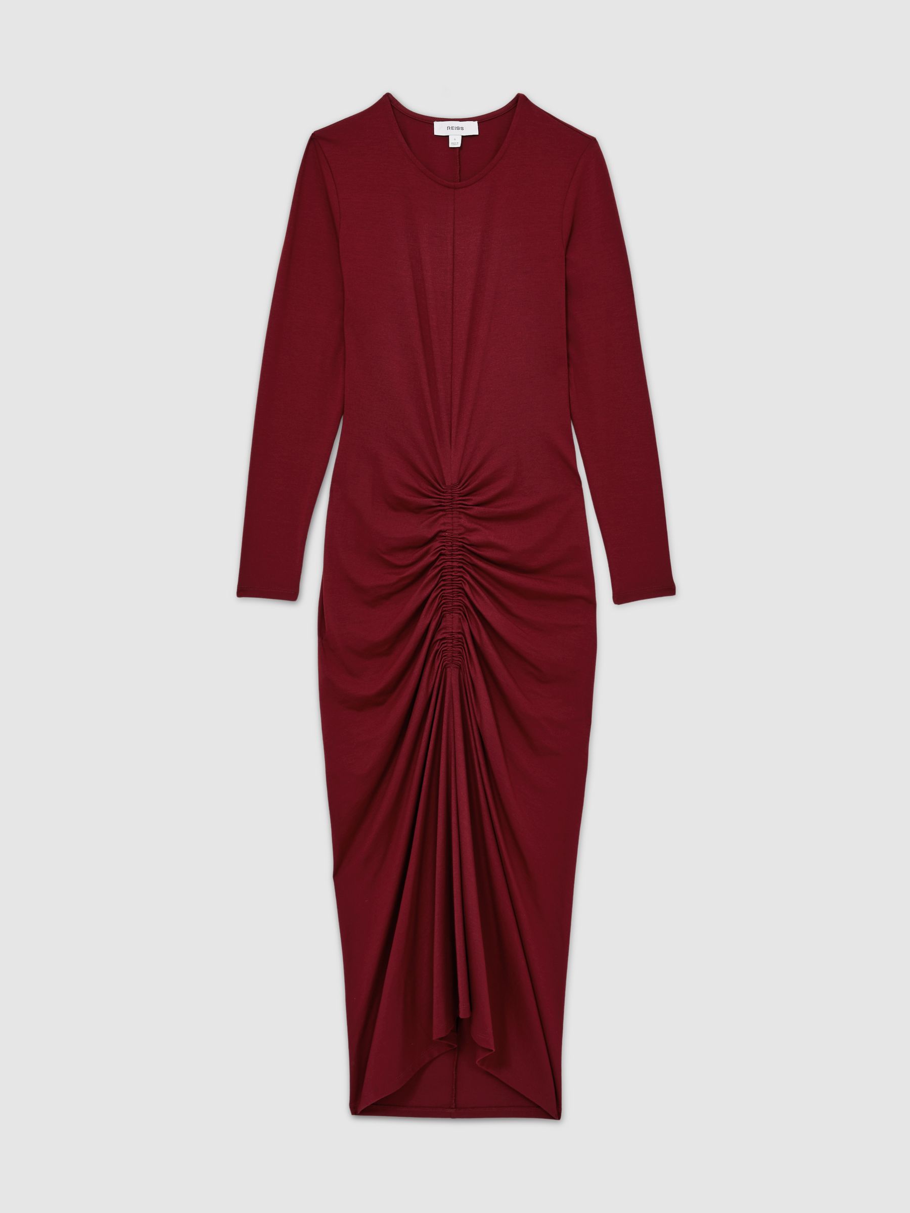 Ruched Jersey Midi Dress in Burgundy
