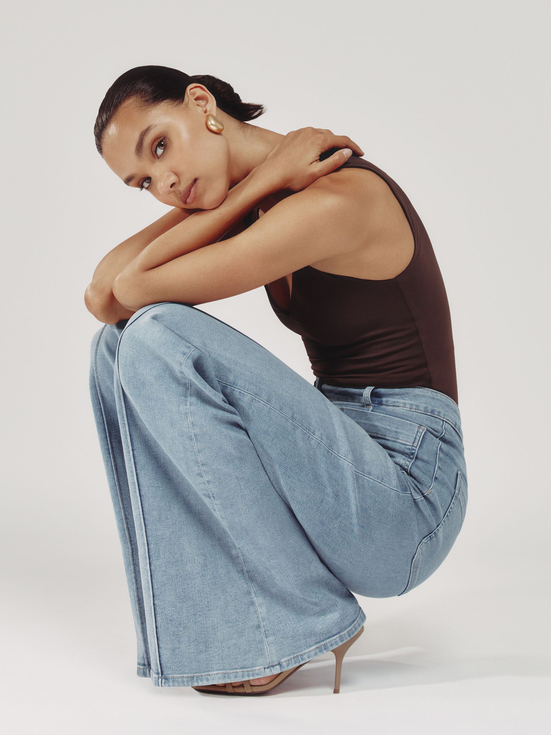 Petite Patch-Pocket Flared Jeans in Light Blue