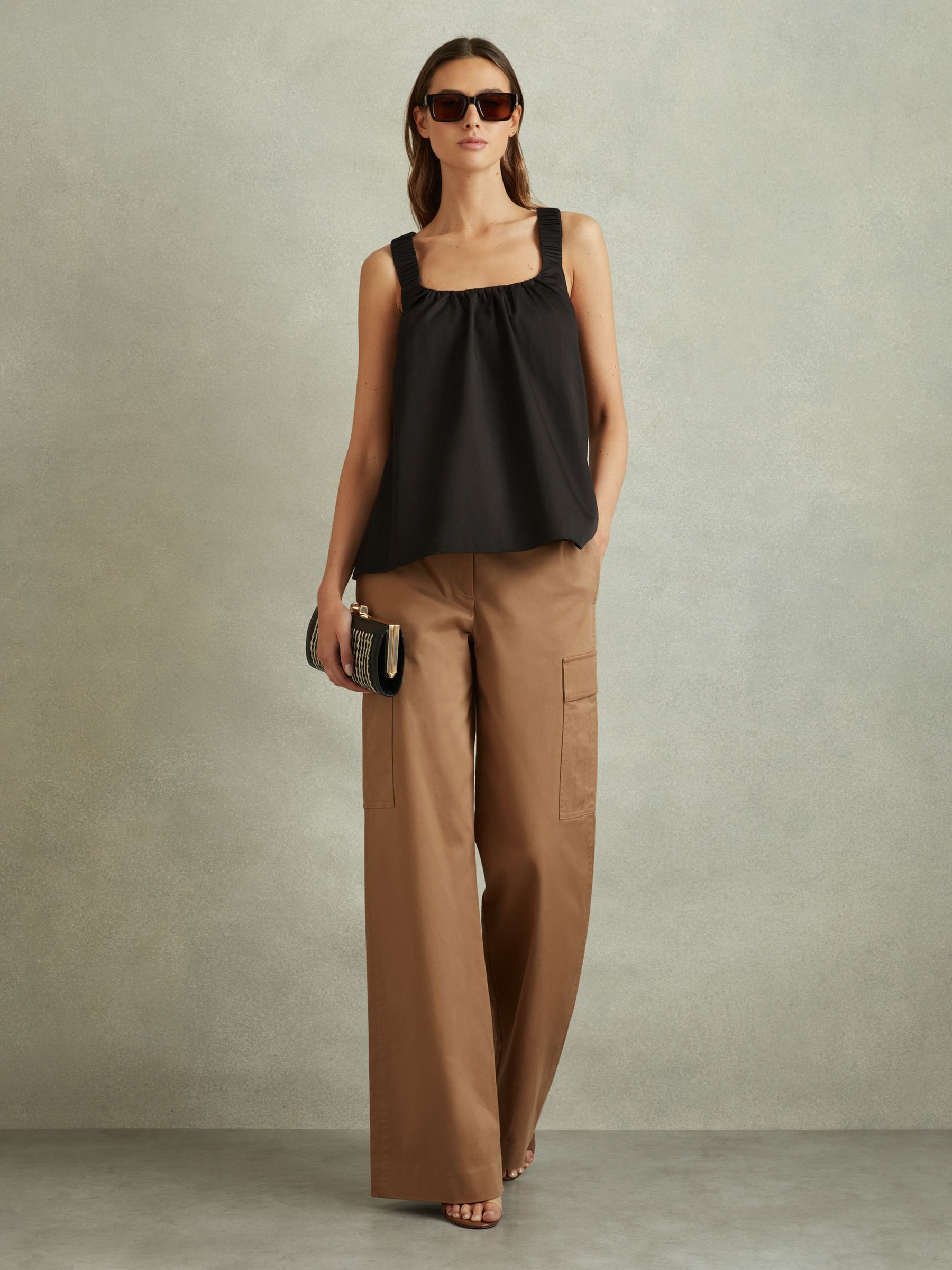 Cotton Ruched Strap Top in Black