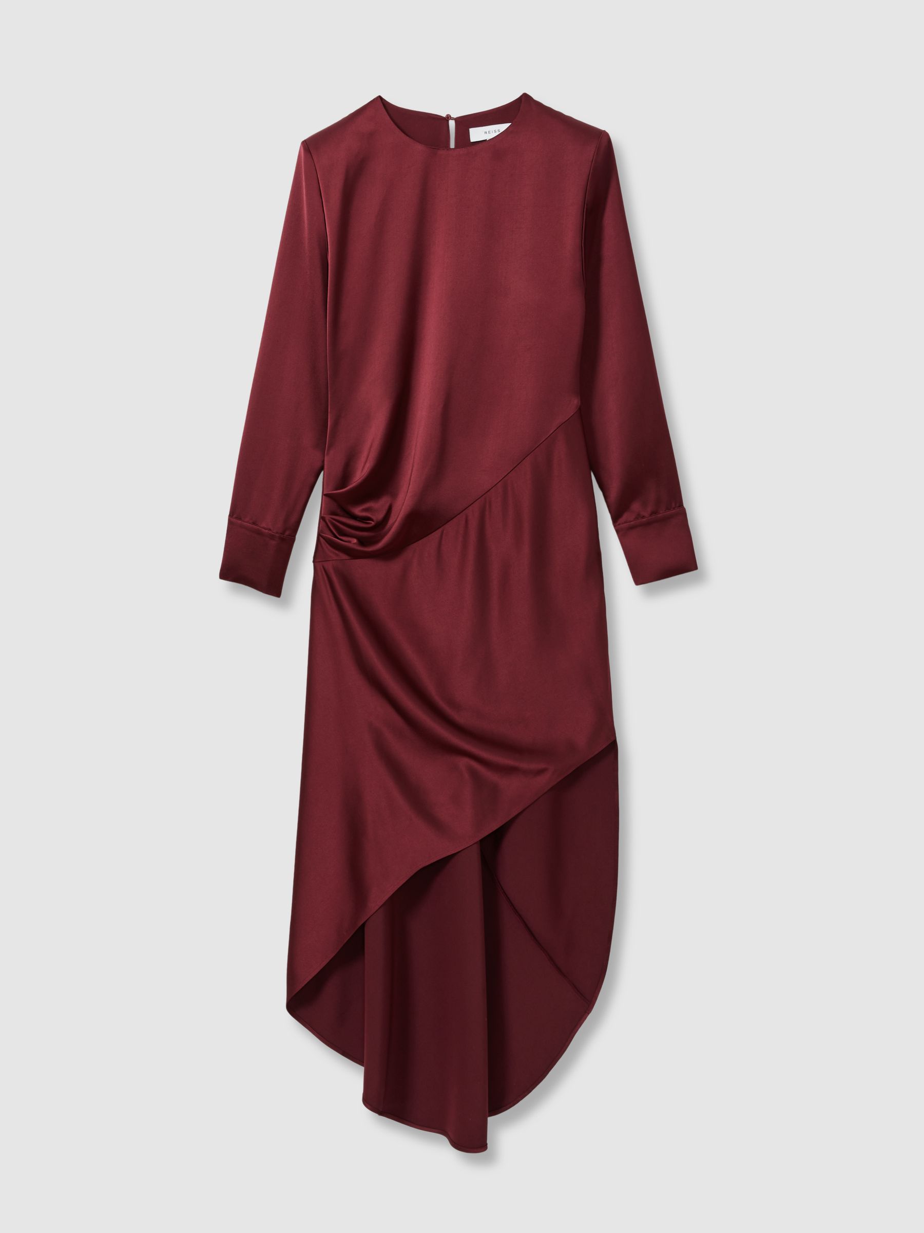 Petite Satin Asymmetric Draped Maxi Dress in Burgundy