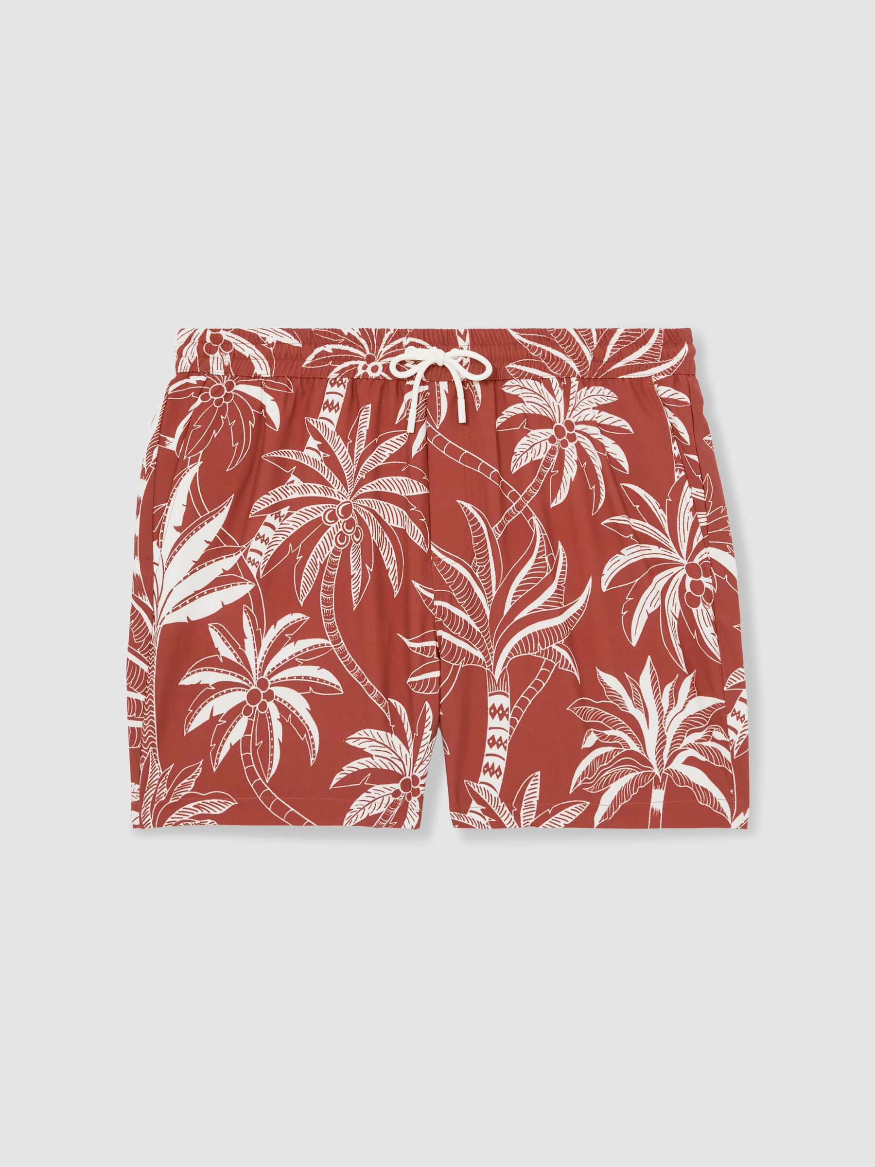 Palm Print Swim Shorts in Brick Red/White