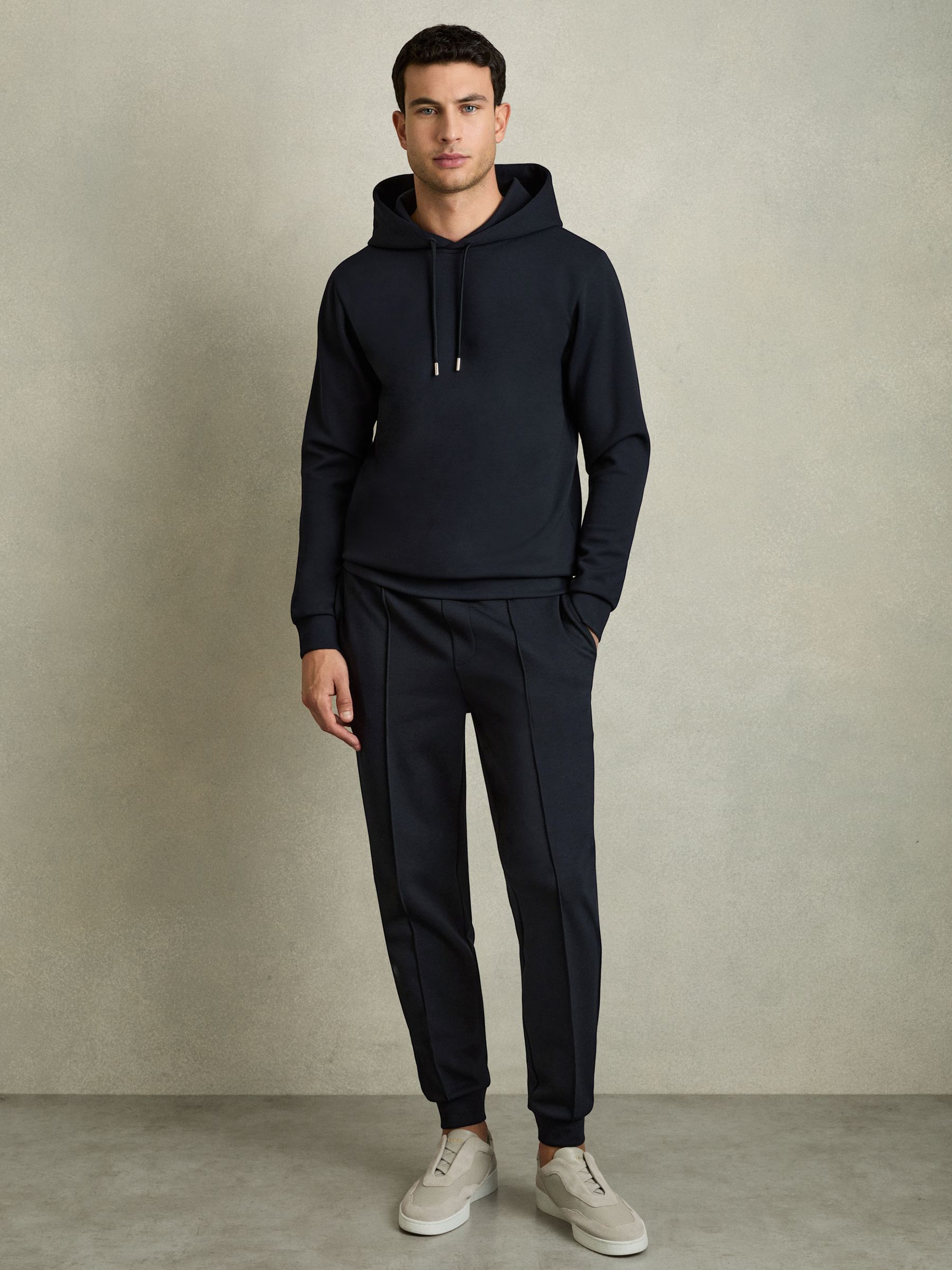 Interlock Jersey Drawstring Hoodie in Navy Blue