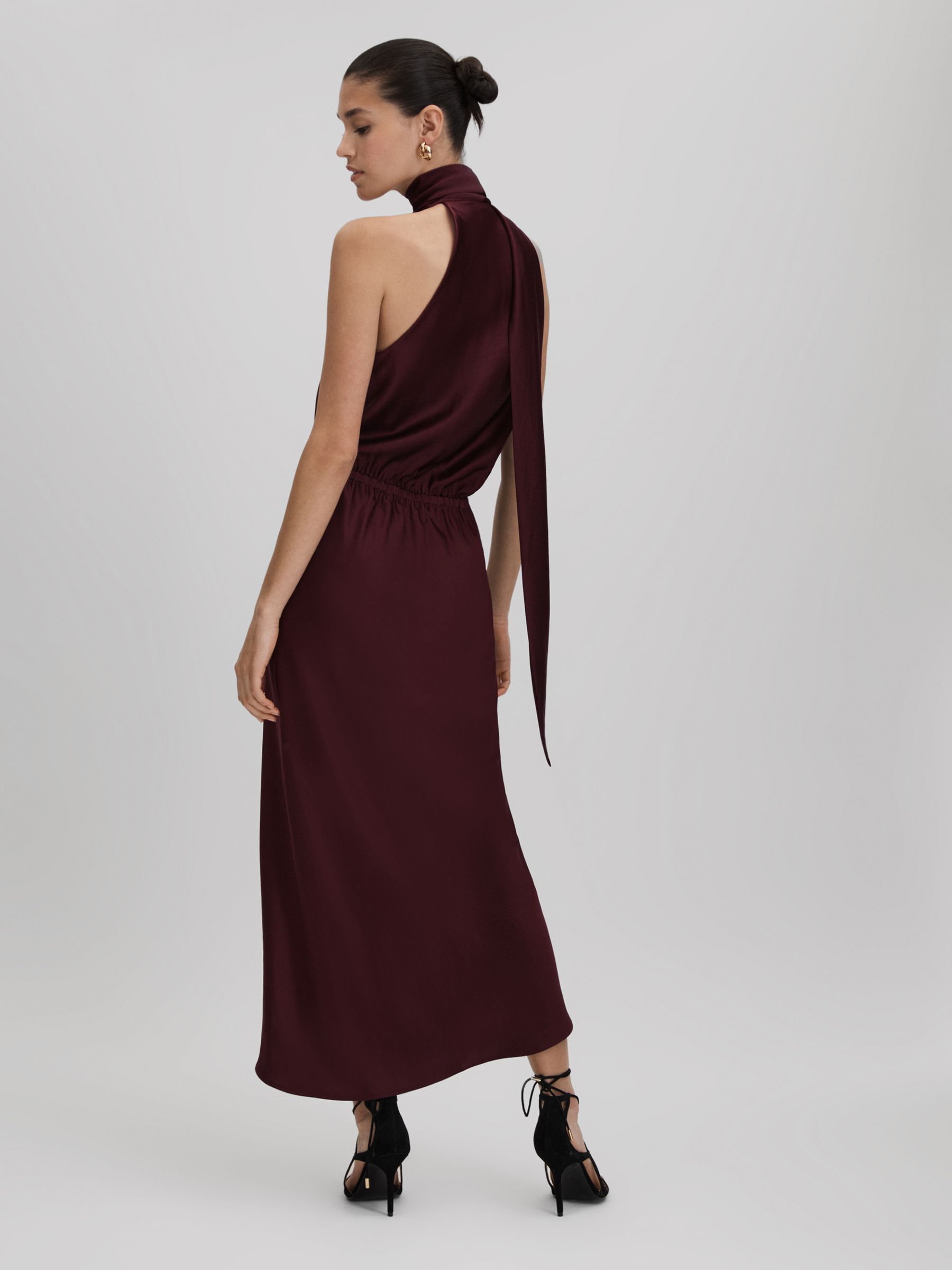 Satin Wrap Front Midi Dress in Burgundy