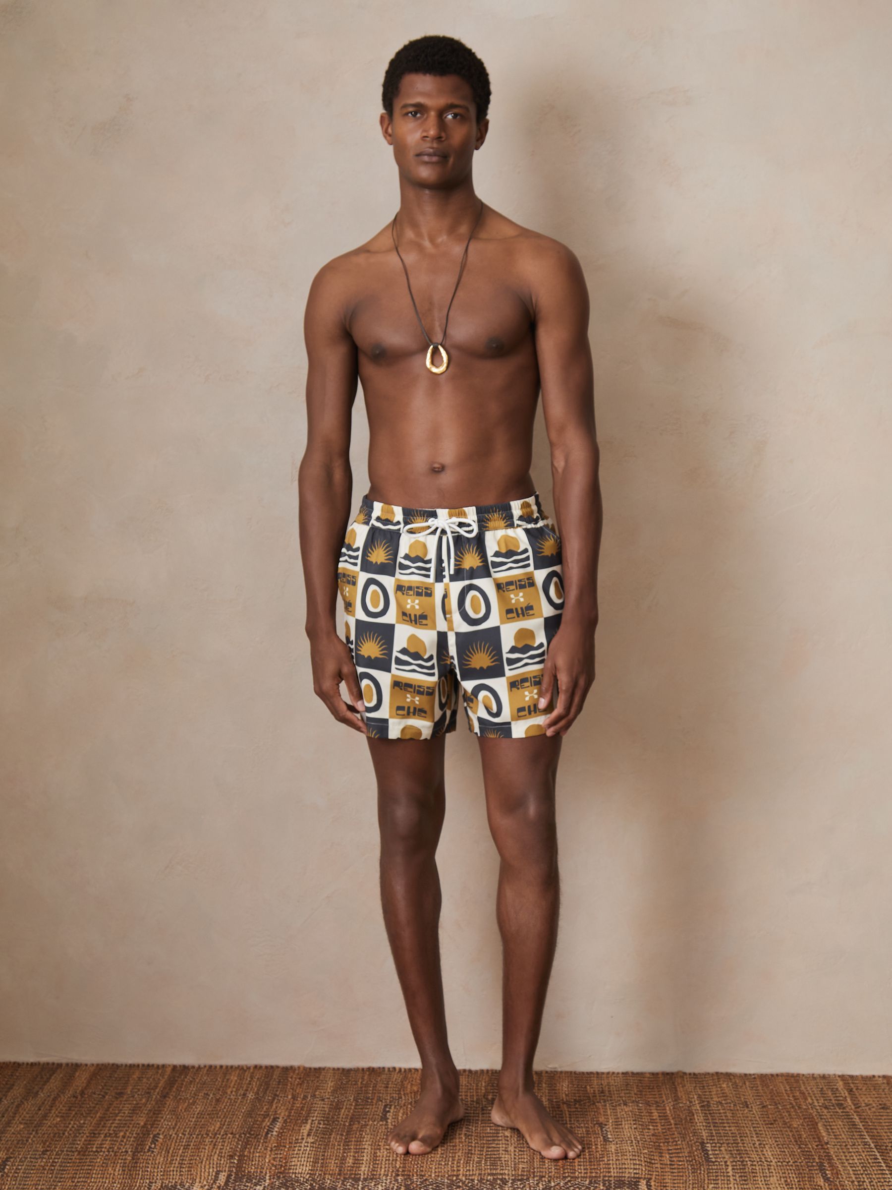 Reiss | Ché Sunset-Print Swim Shorts in Olive Green