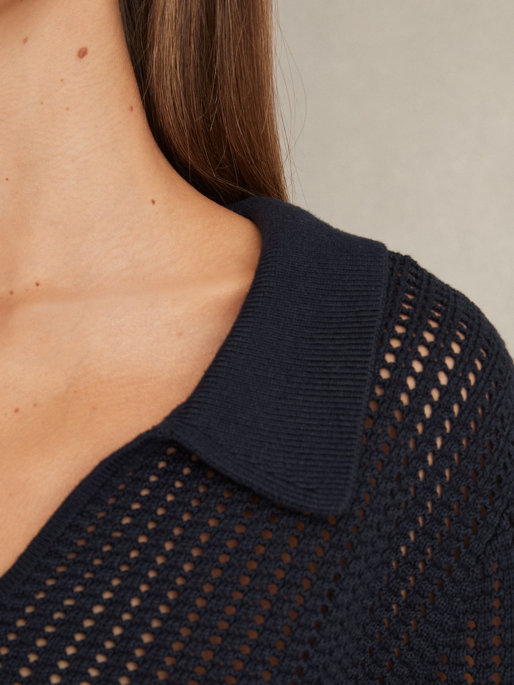 Cotton Blend Open Collar Jumper in Navy