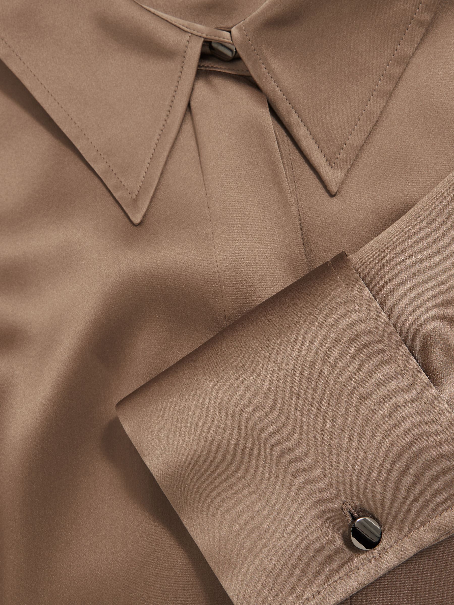 Silk-Satin Concealed-Placket Shirt in Taupe Brown