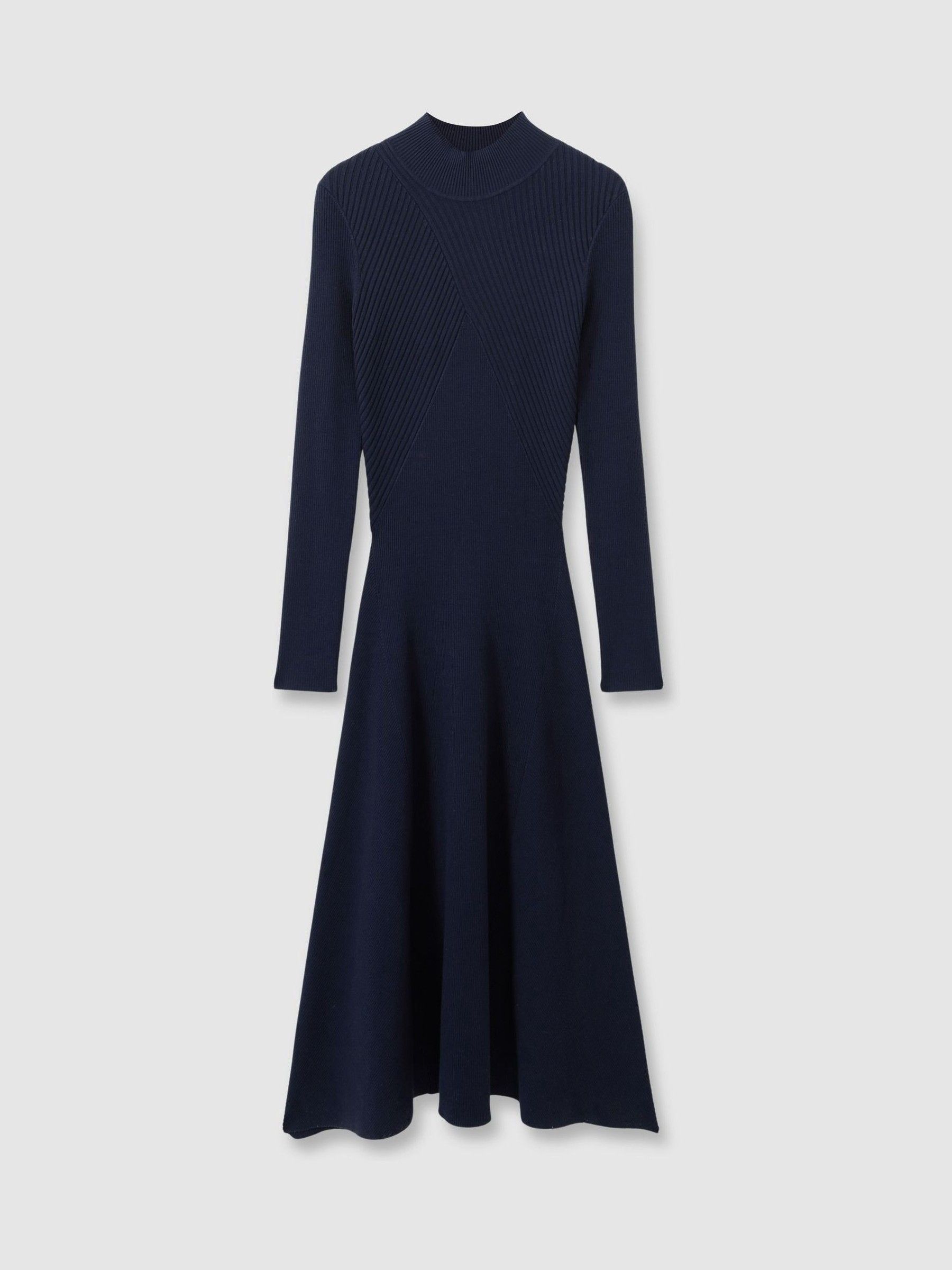 Round Neck Ribbed Midi Dress in Navy