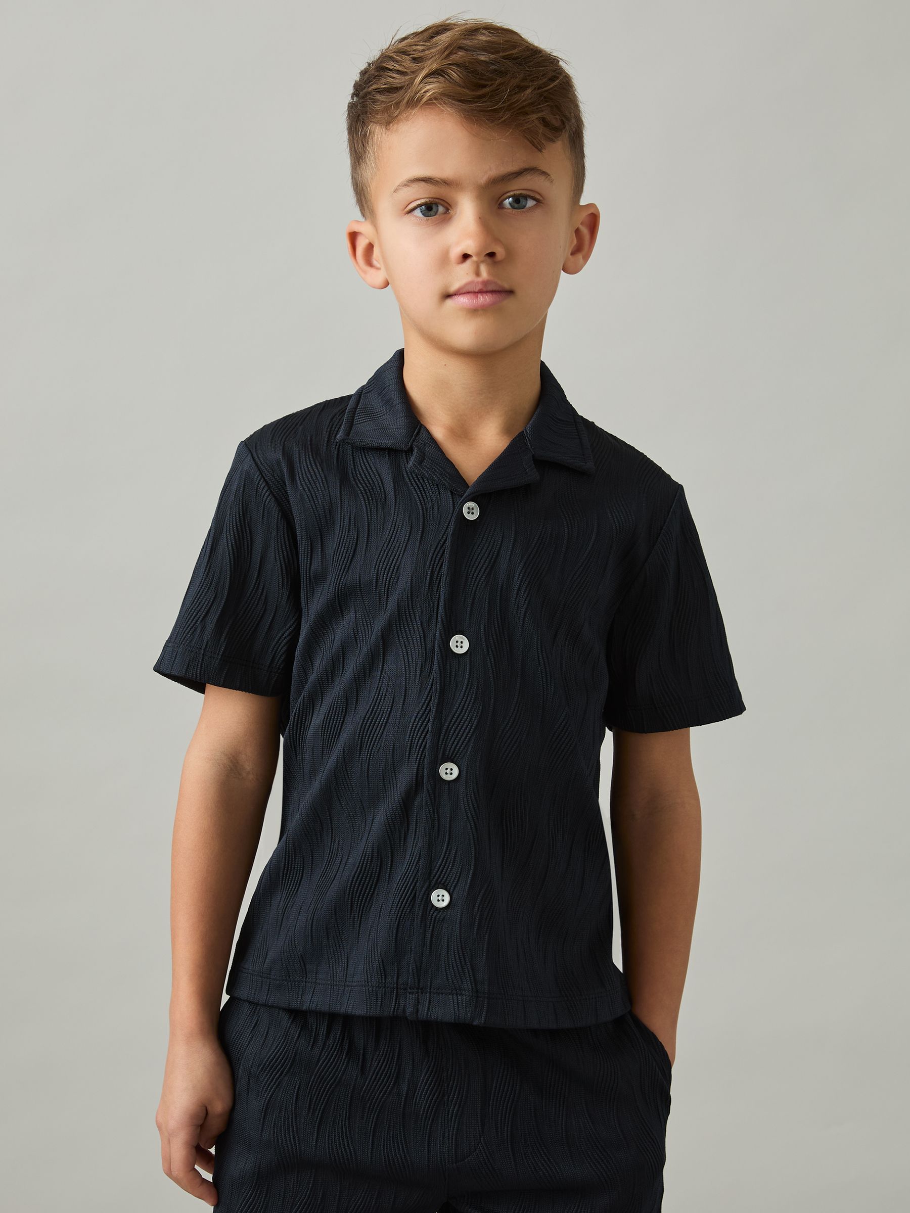 9-13 yrs Wave Jacquard Cuban Collar Shirt in Navy