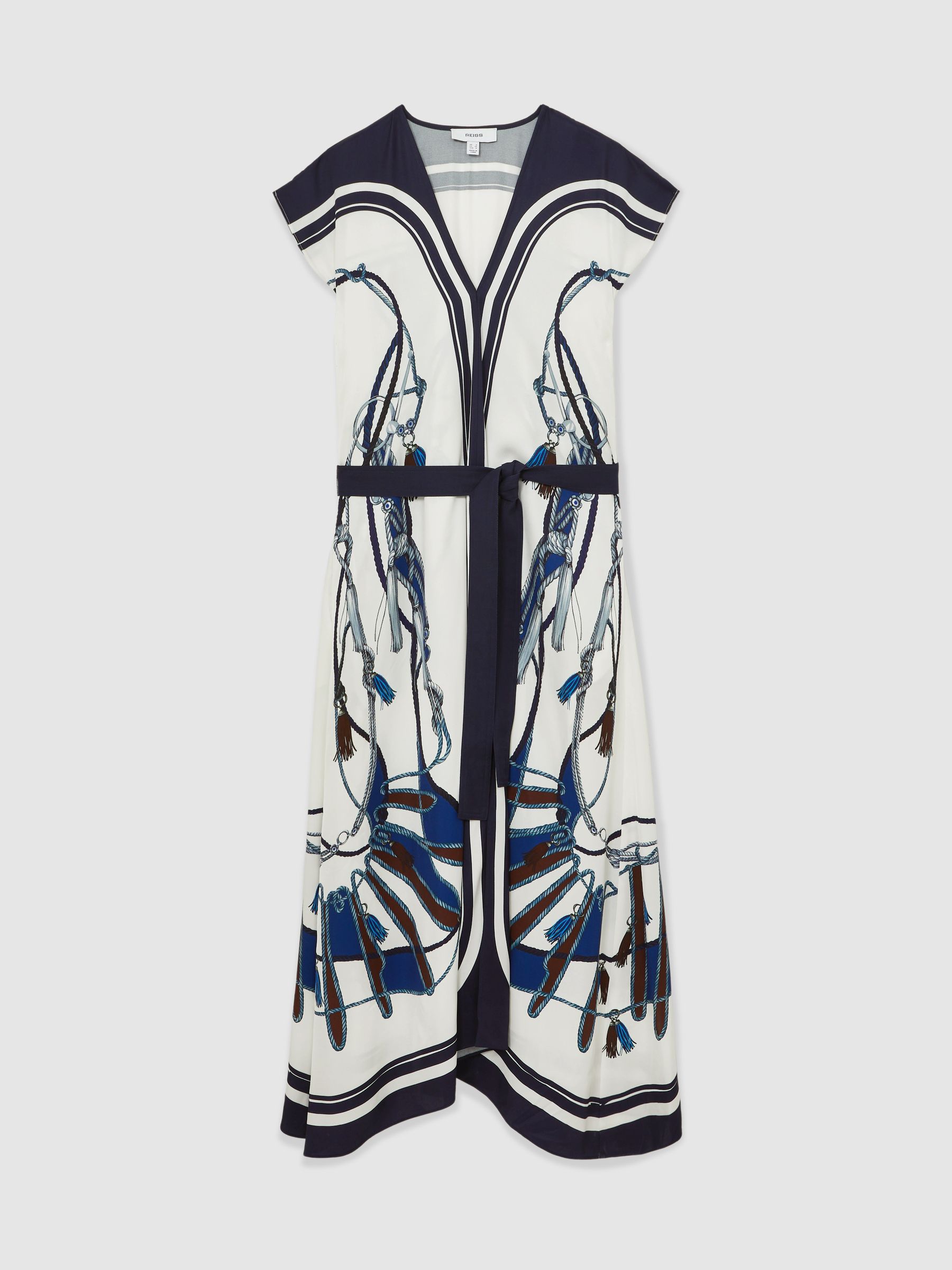 Scarf-Print V-Neck Belted Midi Dress in Blue/Brown