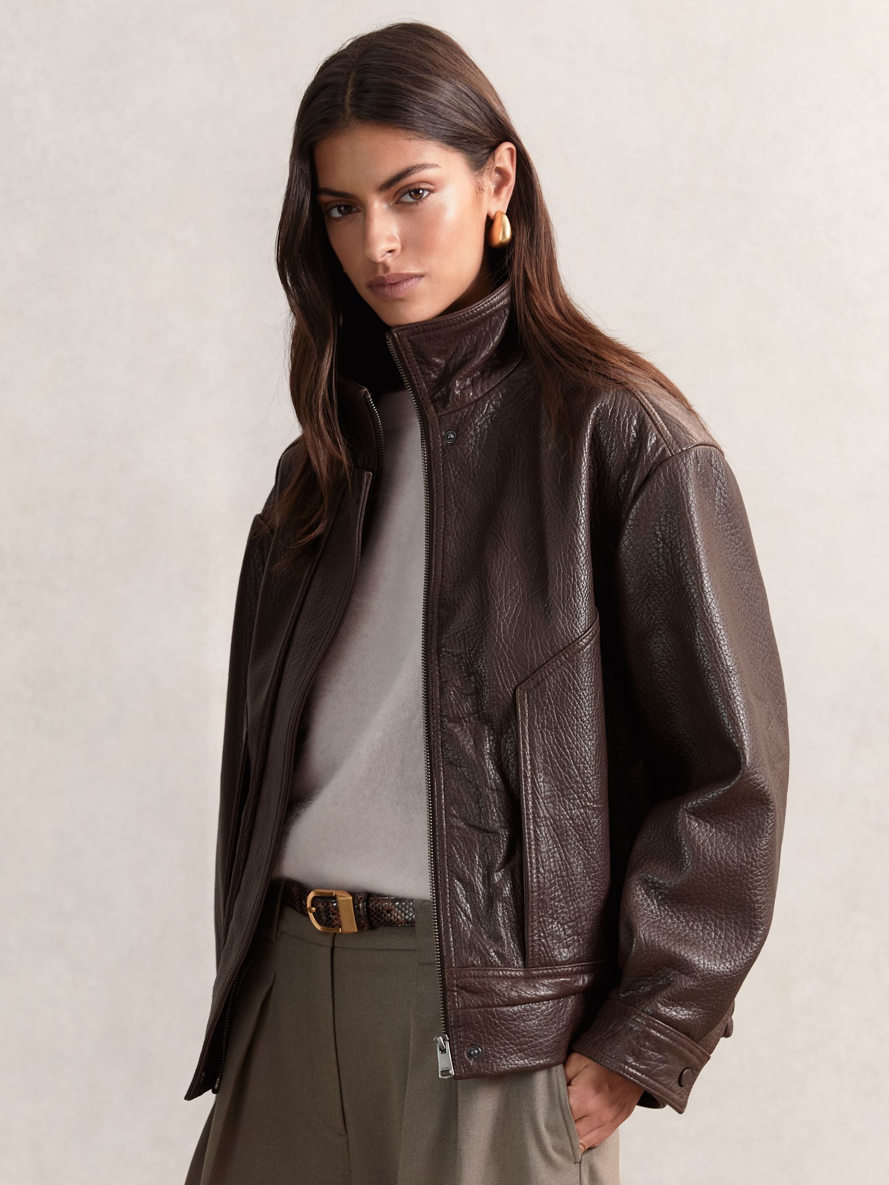 Oversize Grained-Leather Bomber Jacket in Burgundy