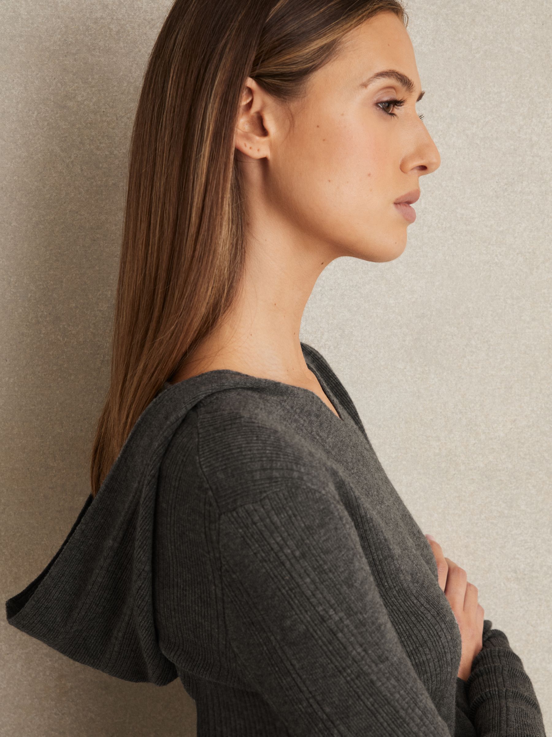 Wool-Blend Rib-Knit Hooded Jumper in Charcoal