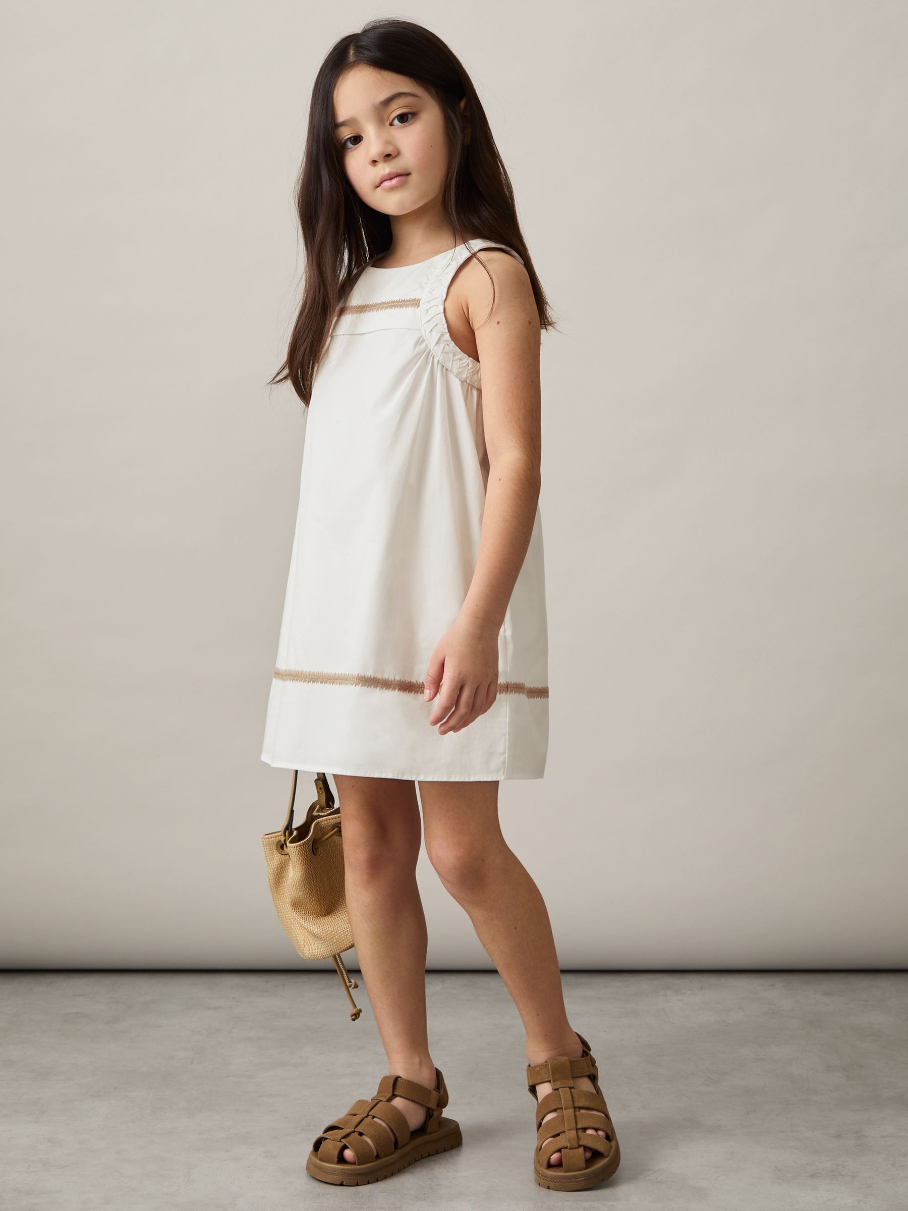 13-14 yrs Cotton Plaited-Trim Sleeveless Dress in Ivory