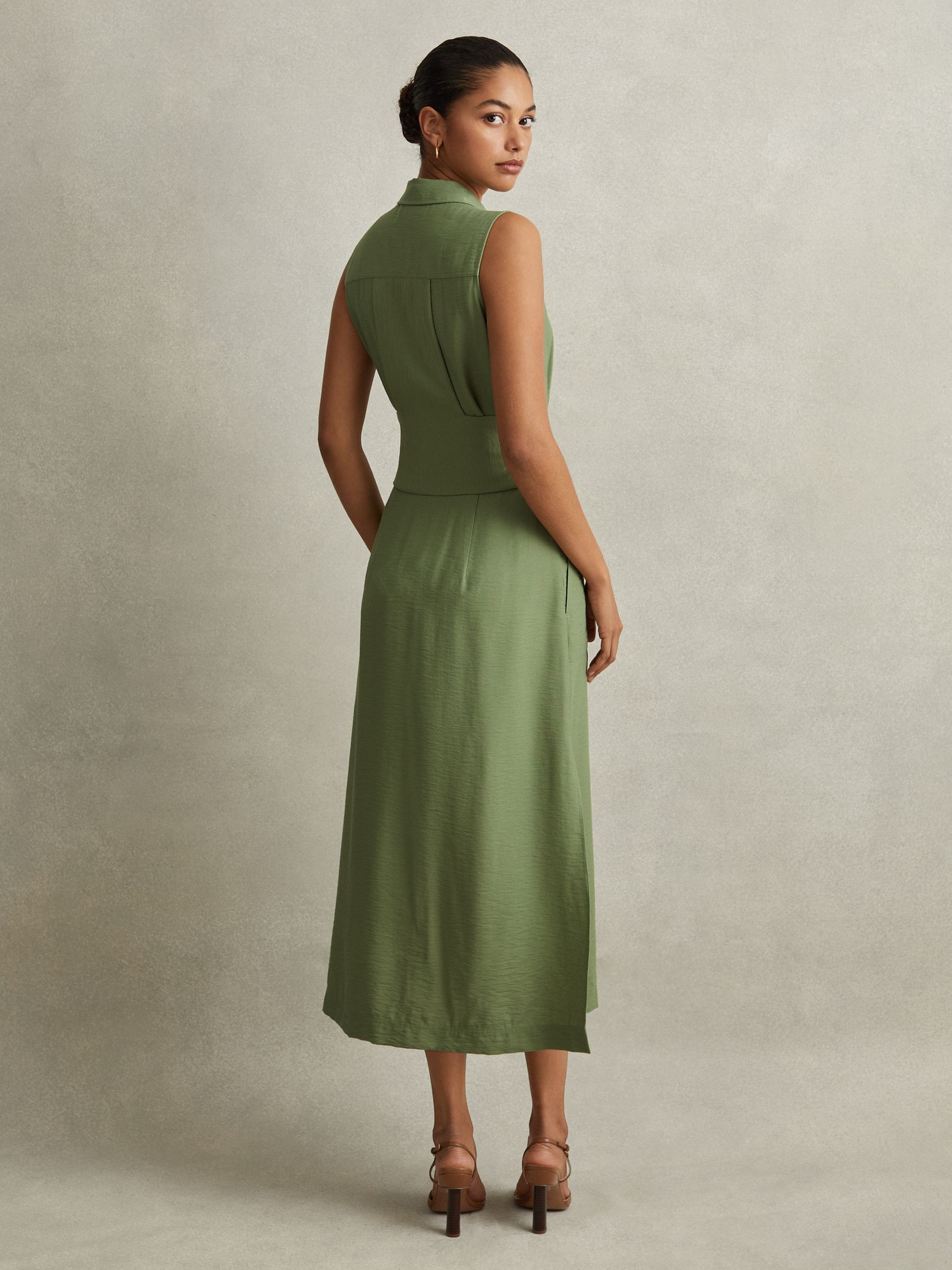 Viscose Blend Belted Shirt Dress in Green