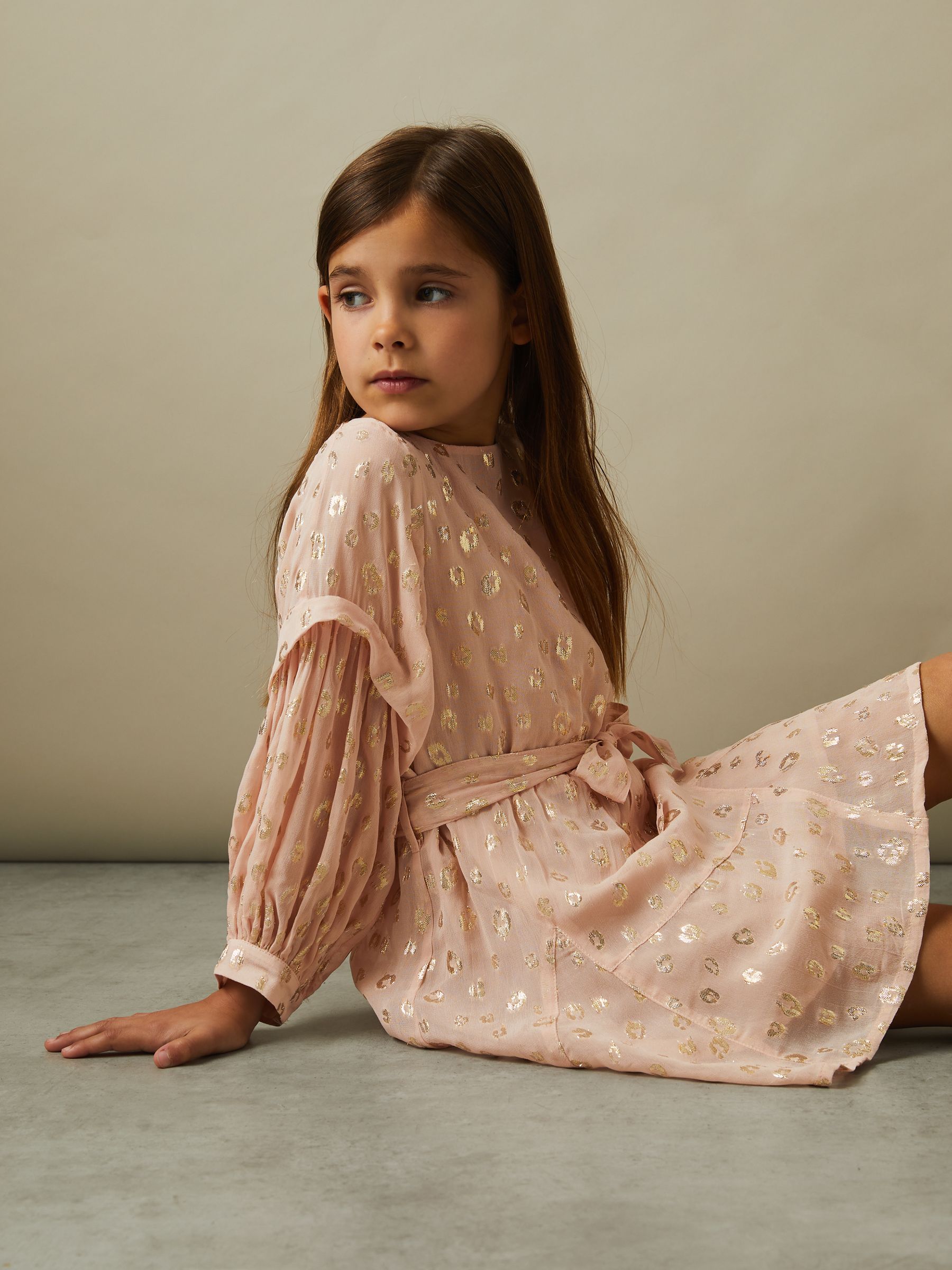 9-13 yrs Metallic Jacquard Print Puff Sleeve Dress in Pink