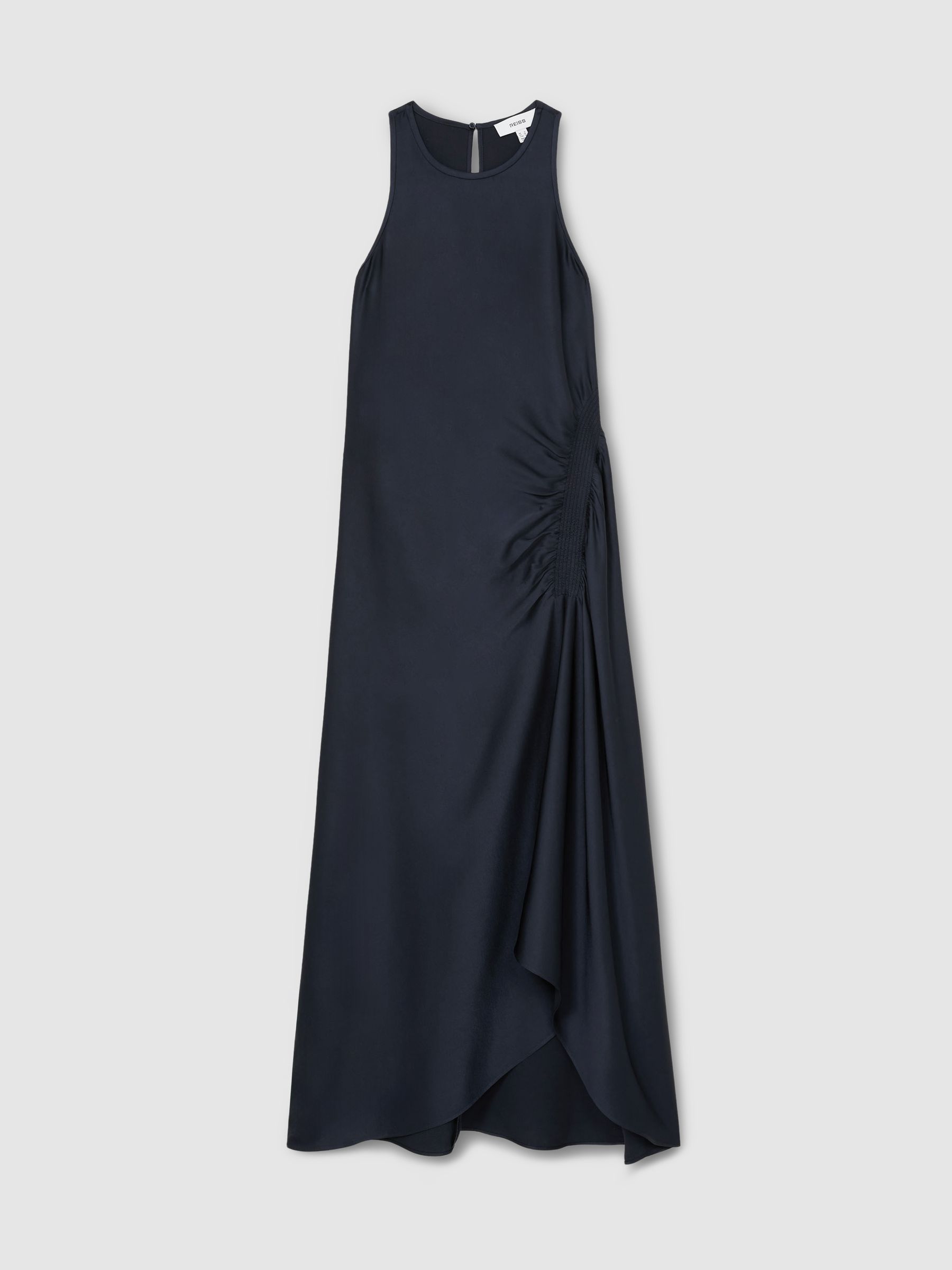 Petite Satin Shirred Midi Dress in Navy
