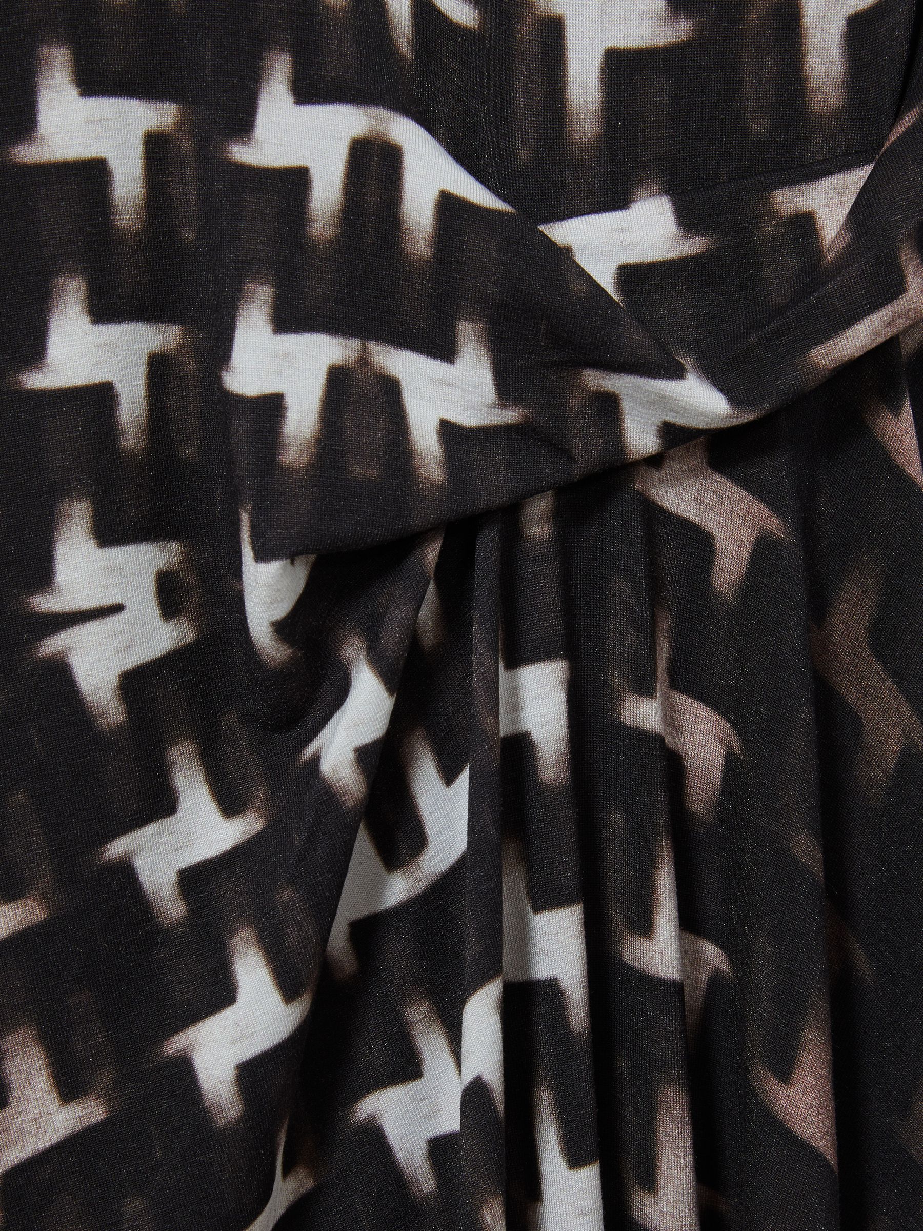 Houndstooth-Print Ruched Midi Dress in Black