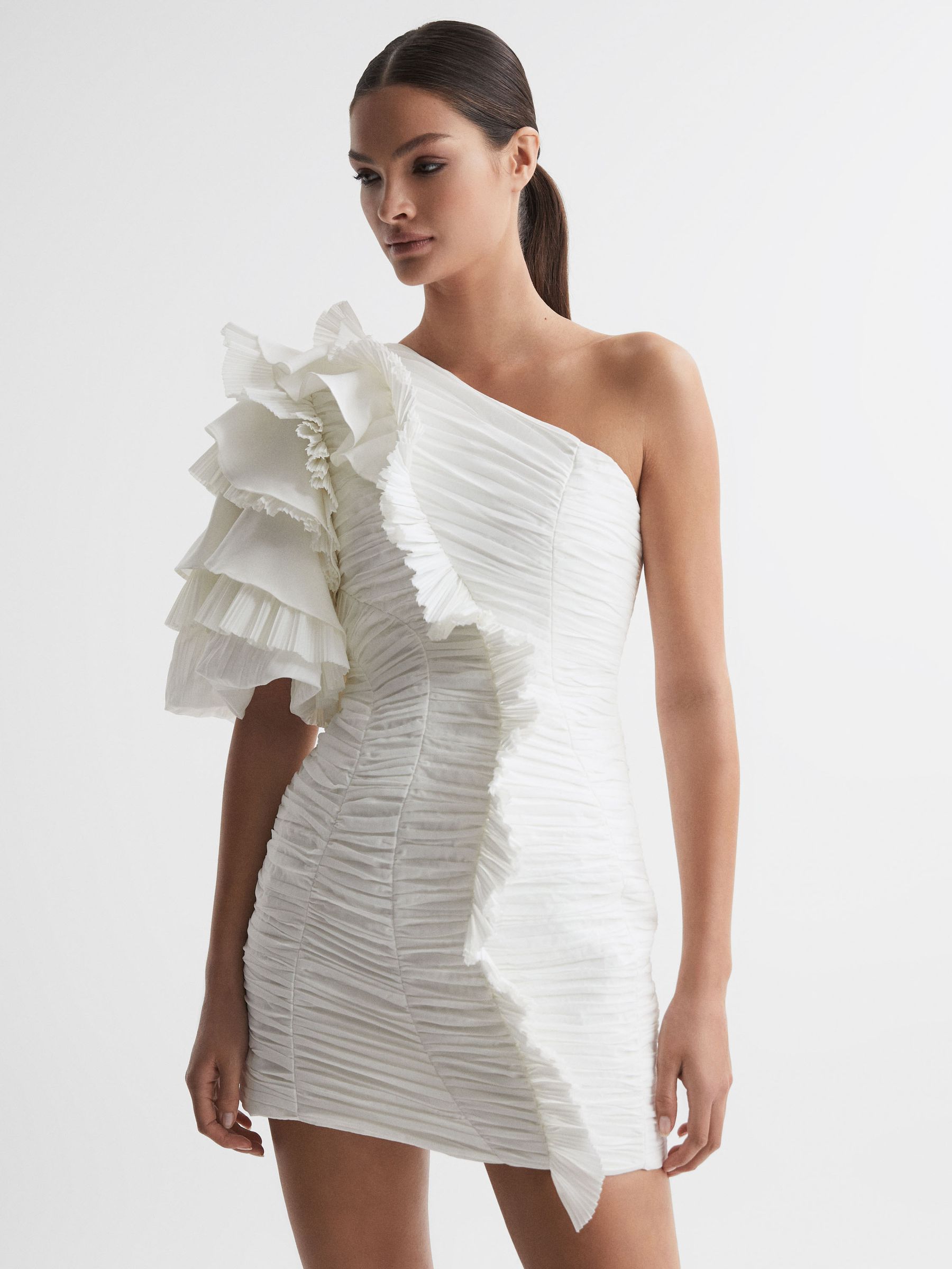 Acler One-Shoulder Ruffle Mini Dress in Ivory