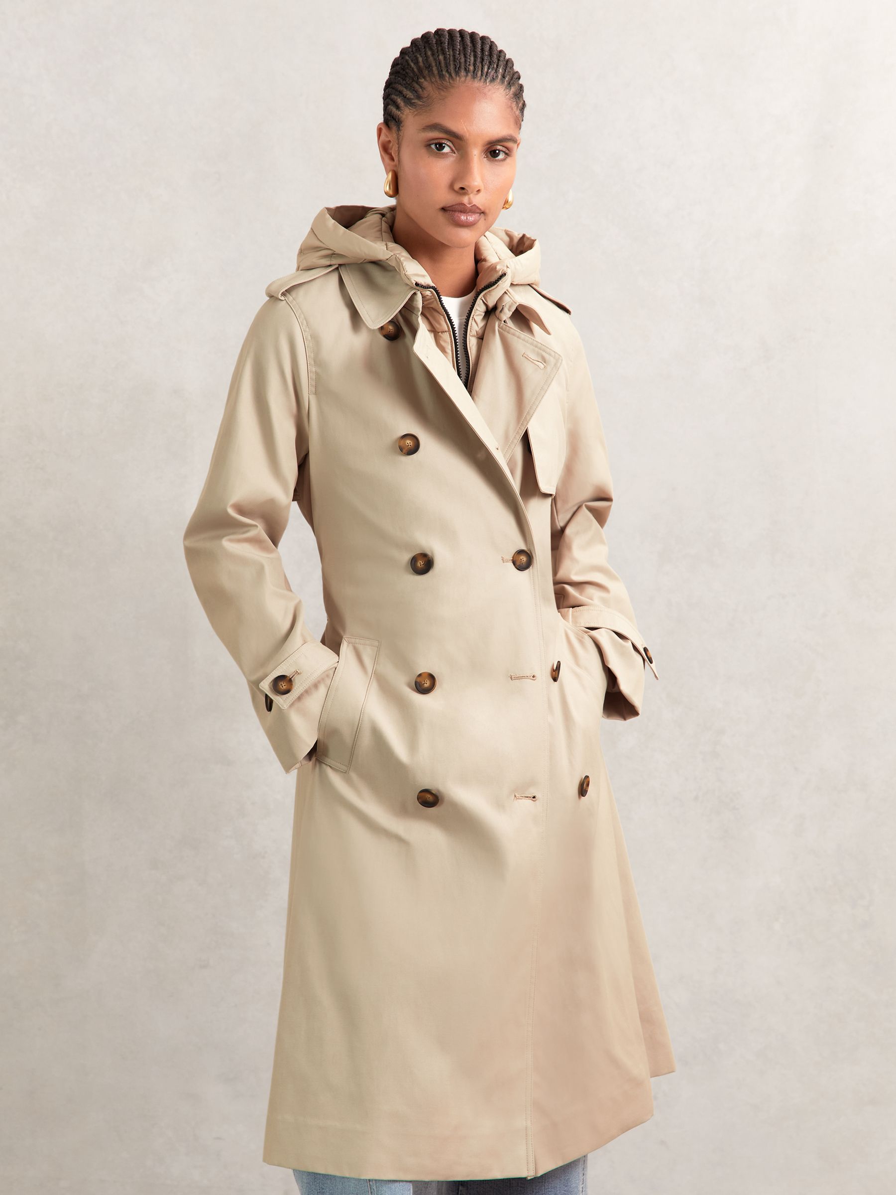 Petite Hooded Insert Trench Coat in Stone