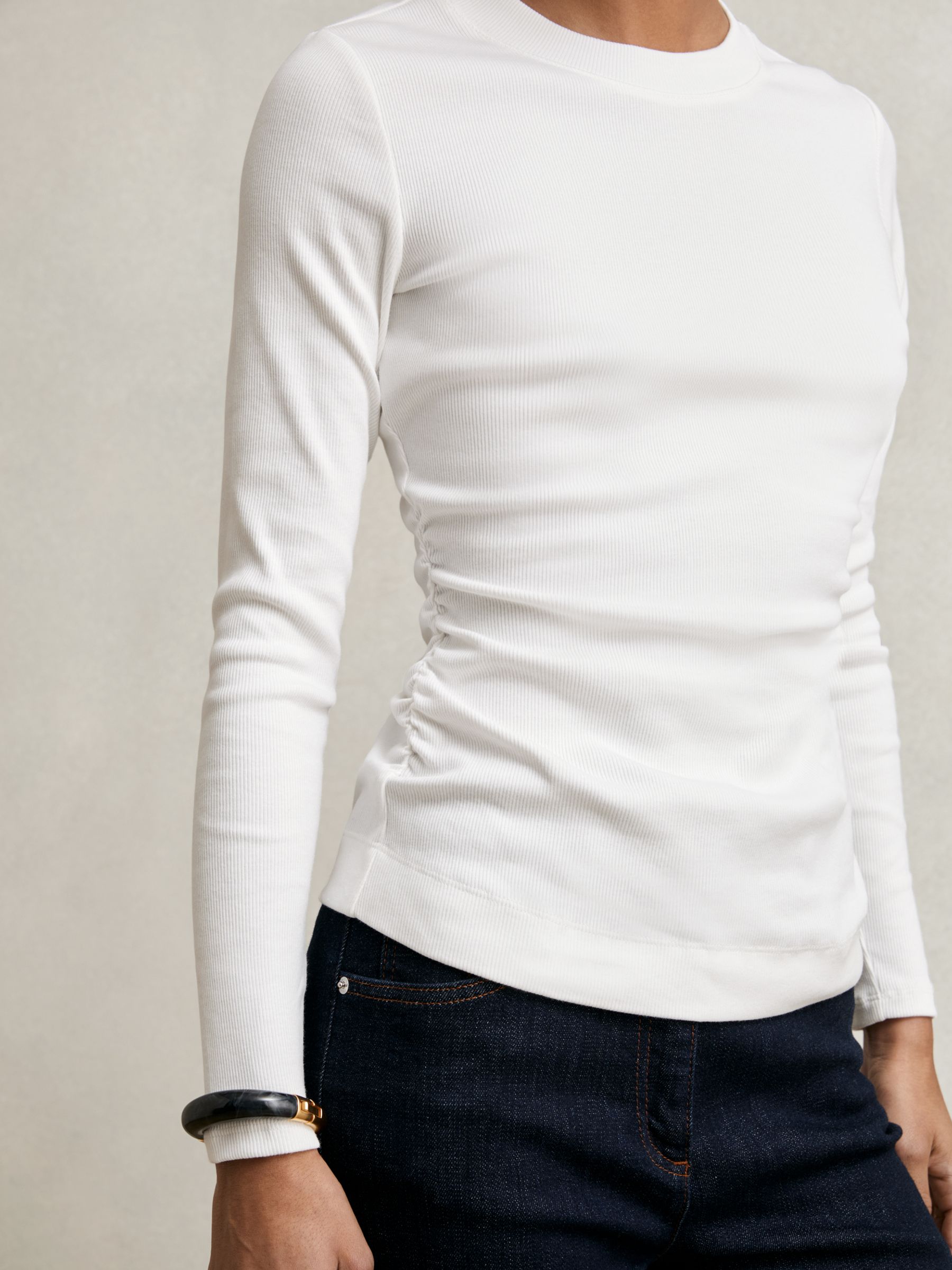 Cotton Long-Sleeve Ruched T-Shirt with Stretch in White
