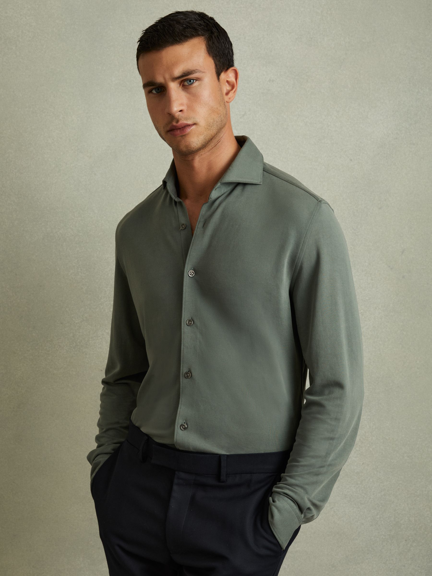 Modal Blend Cutaway Collar Shirt in Green Smoke