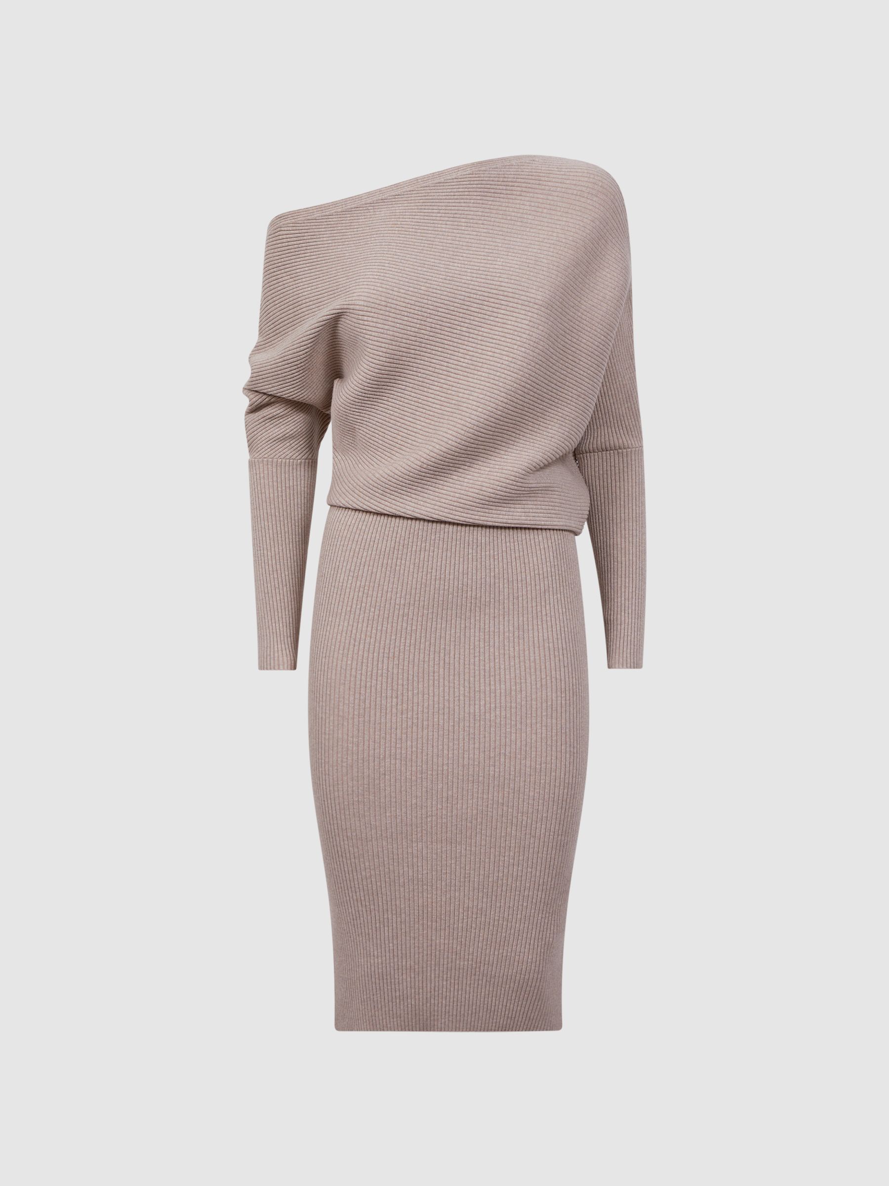 Off-The-Shoulder Ribbed Midi Dress in Neutral