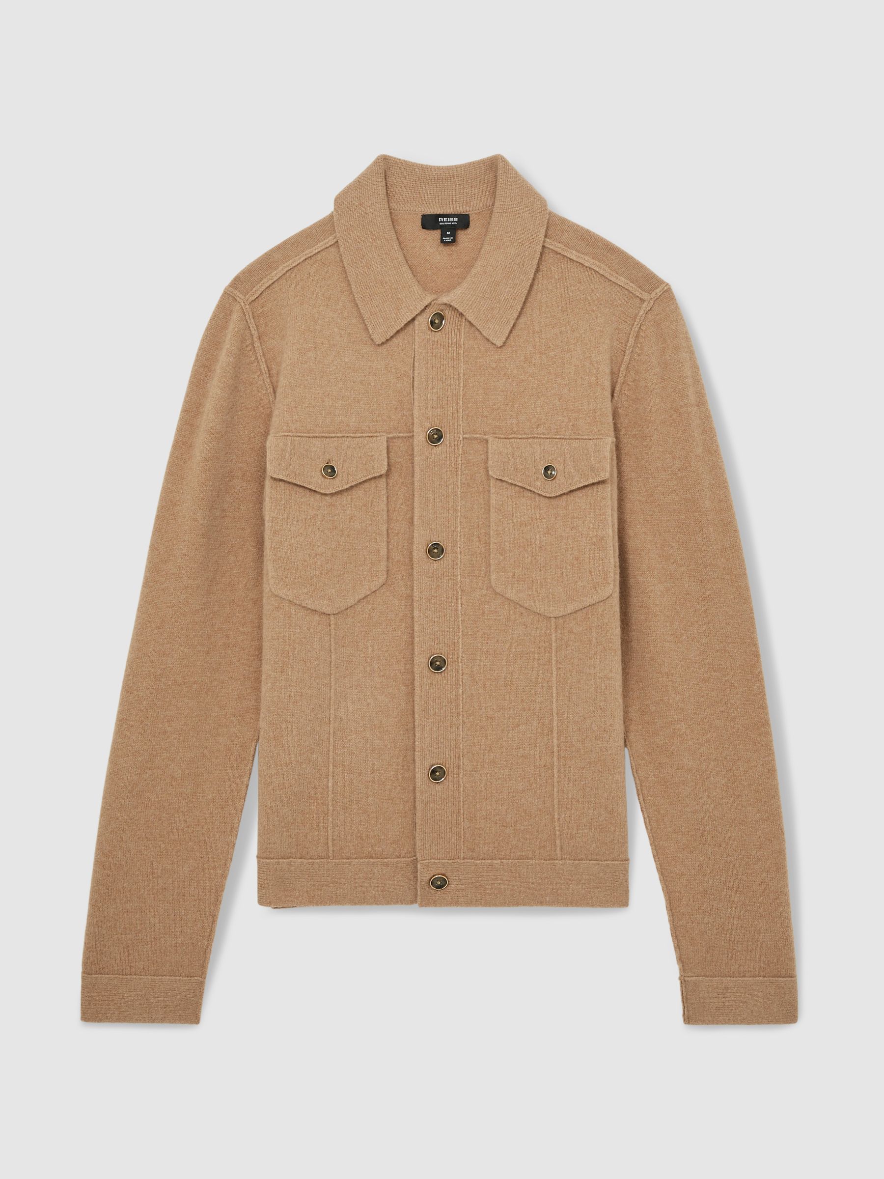 Wool Button Through Knitted Jacket in Camel Melange