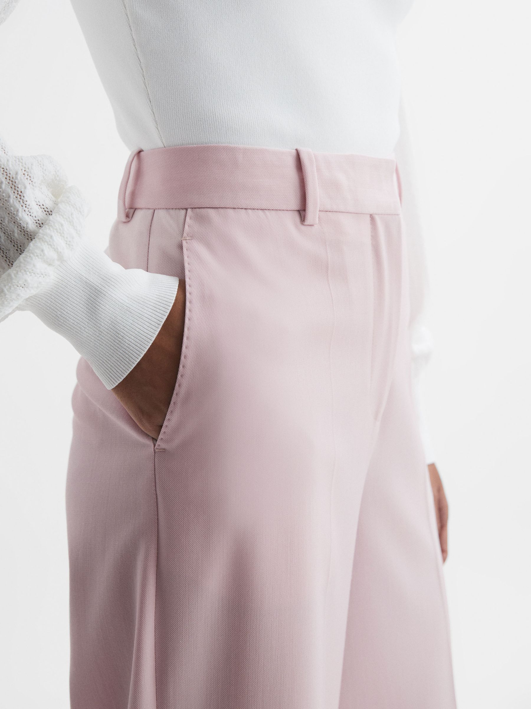 Wool Blend Mid Rise Wide Leg Trousers in Pink