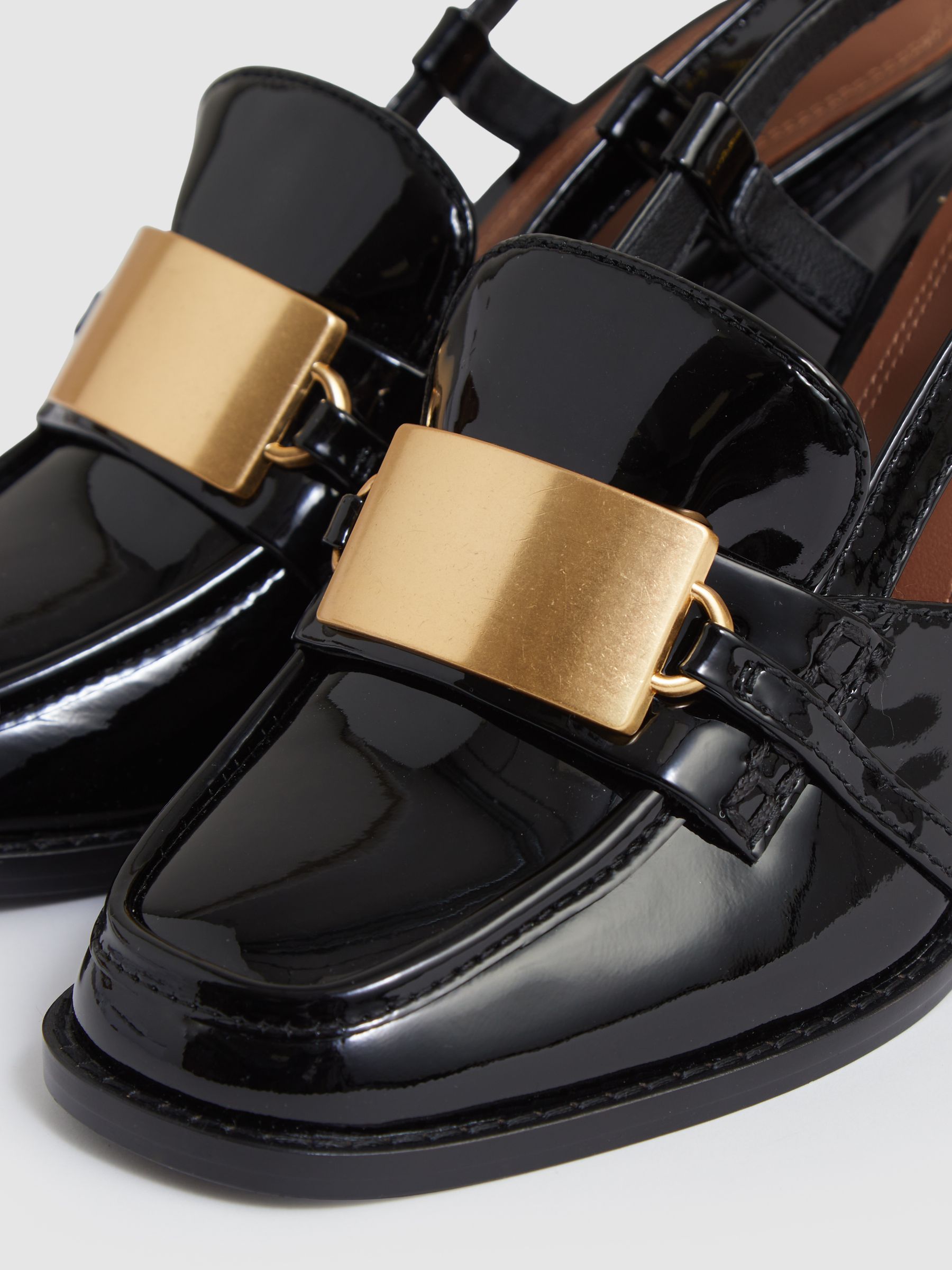 Patent Leather Slingback Heeled Loafers in Black
