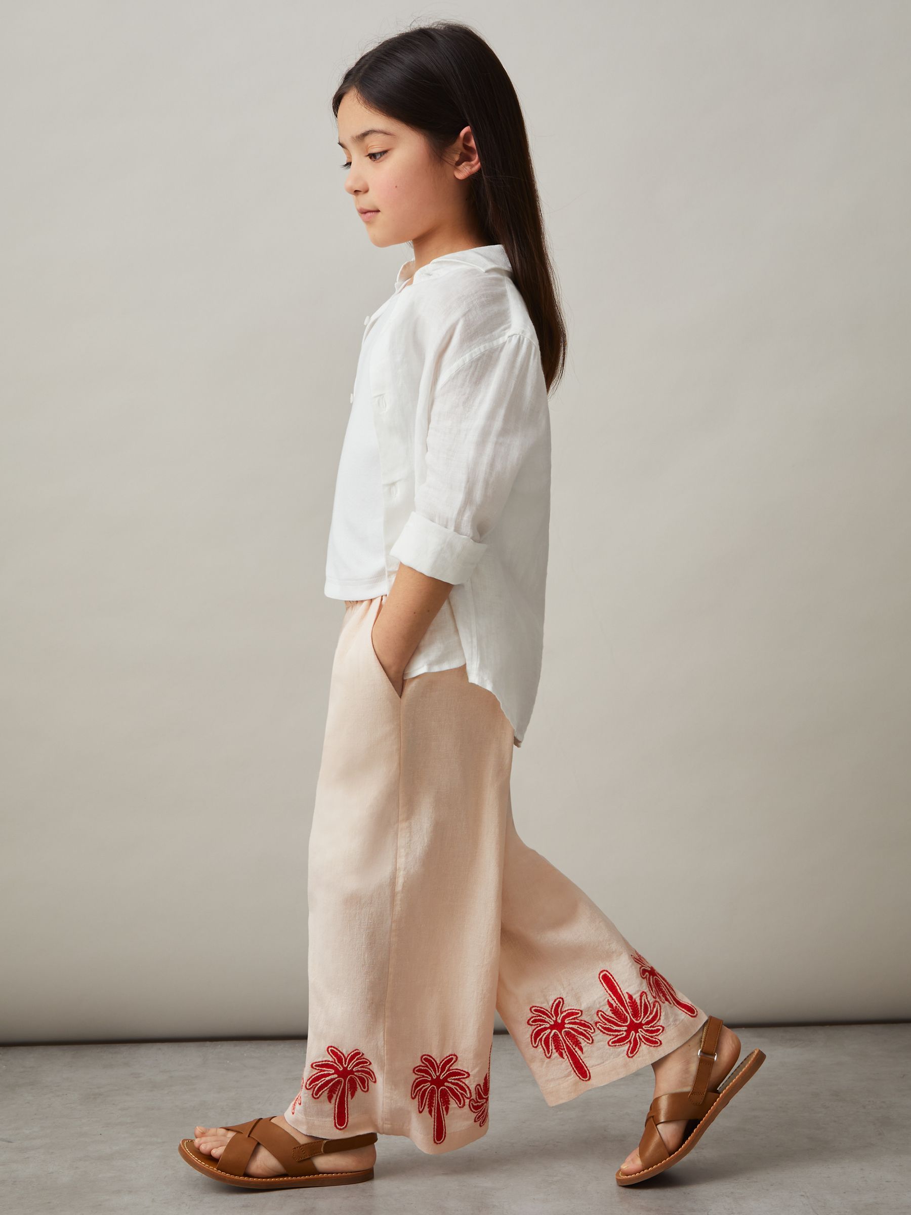 9-13 yrs Cotton-Linen Palm Embroidery Trousers in Stone