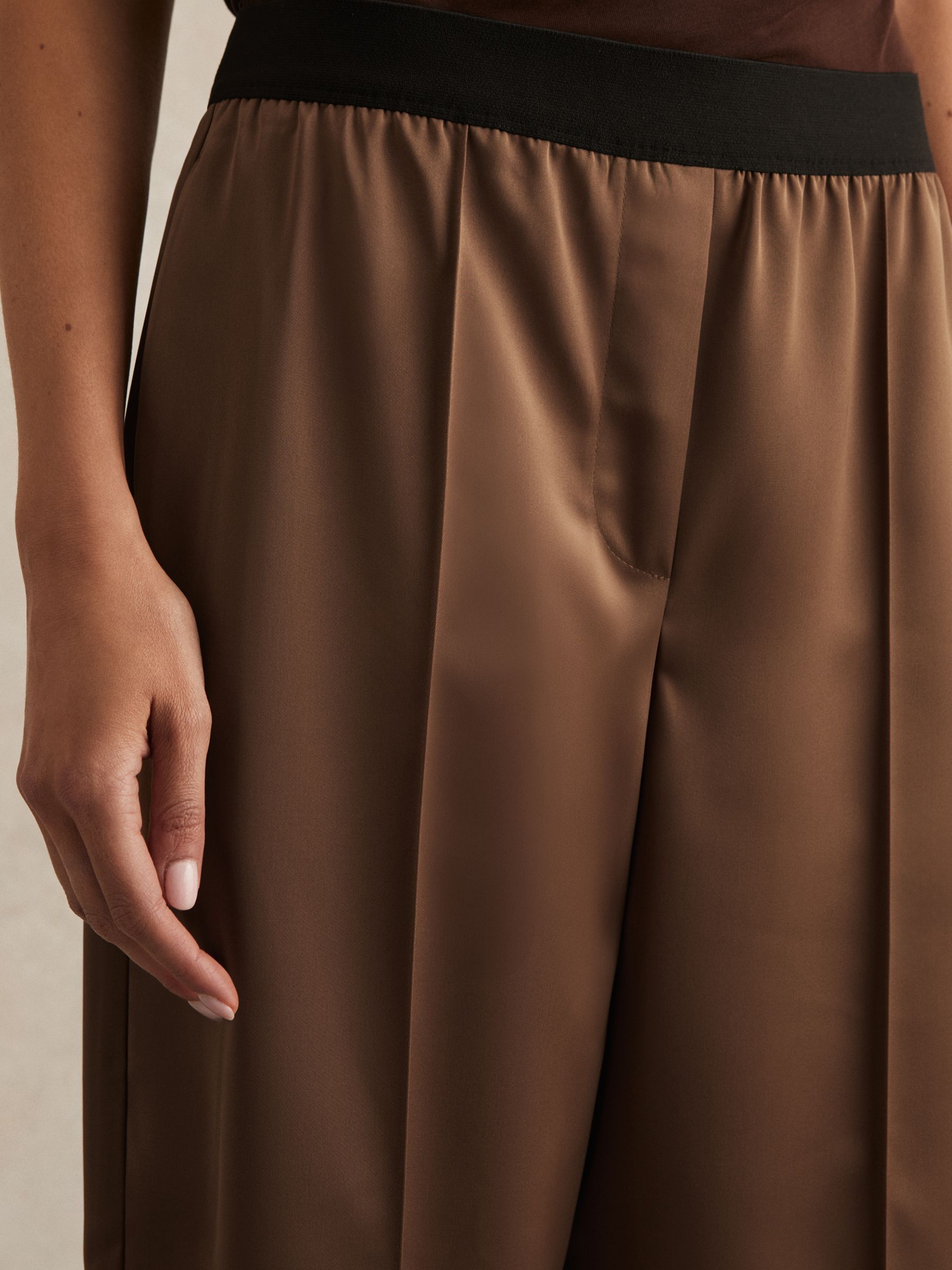 Satin Wide Leg Elastic Waist Trousers in Taupe Neutral