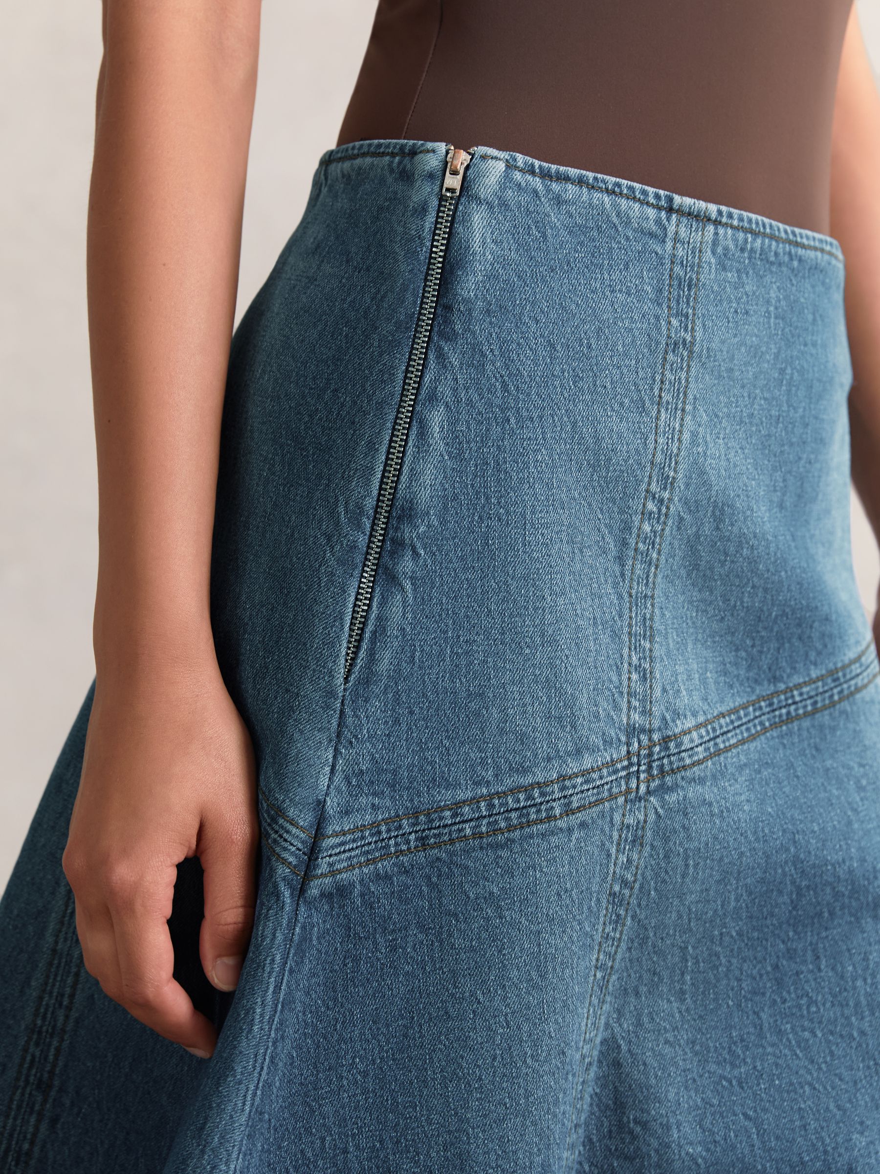 Denim Panelled Midi Skirt in Indigo