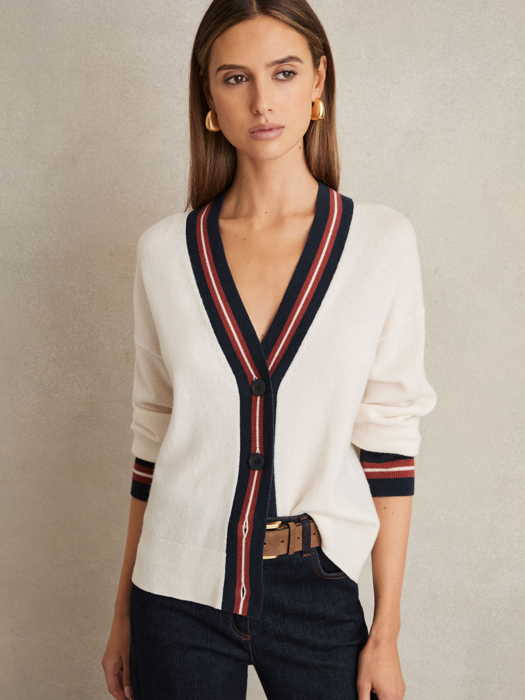 Wool-Cashmere Stripe-Trim Cardigan in White
