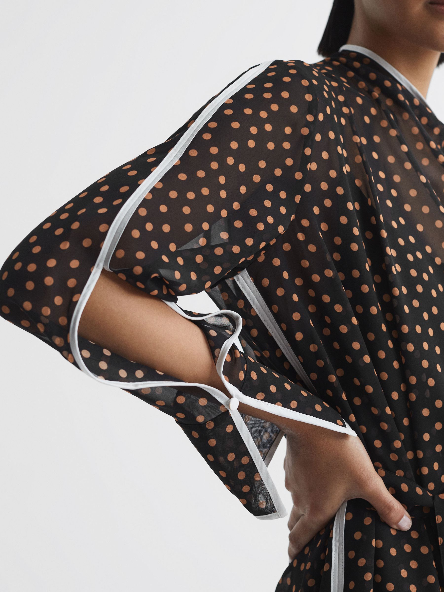 Polka Dot Tie Neck Midi Dress in Black/Brown