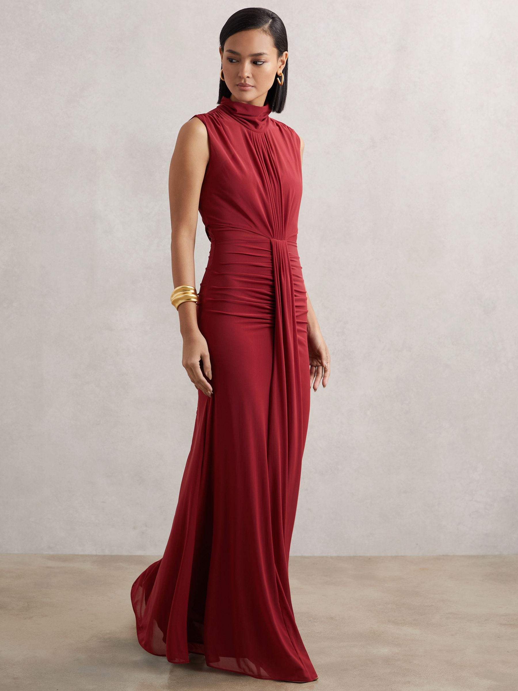 Ruched Sleeveless Maxi Dress in Dark Red